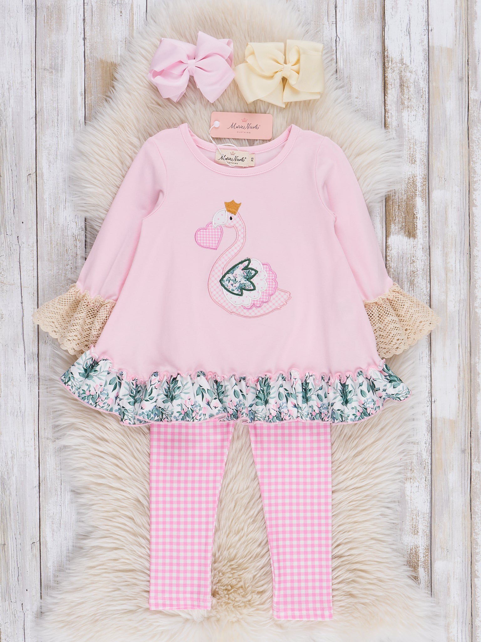 Pink Embroidered Heart Swan Ruffle Outfit - Marie Nicole Clothing