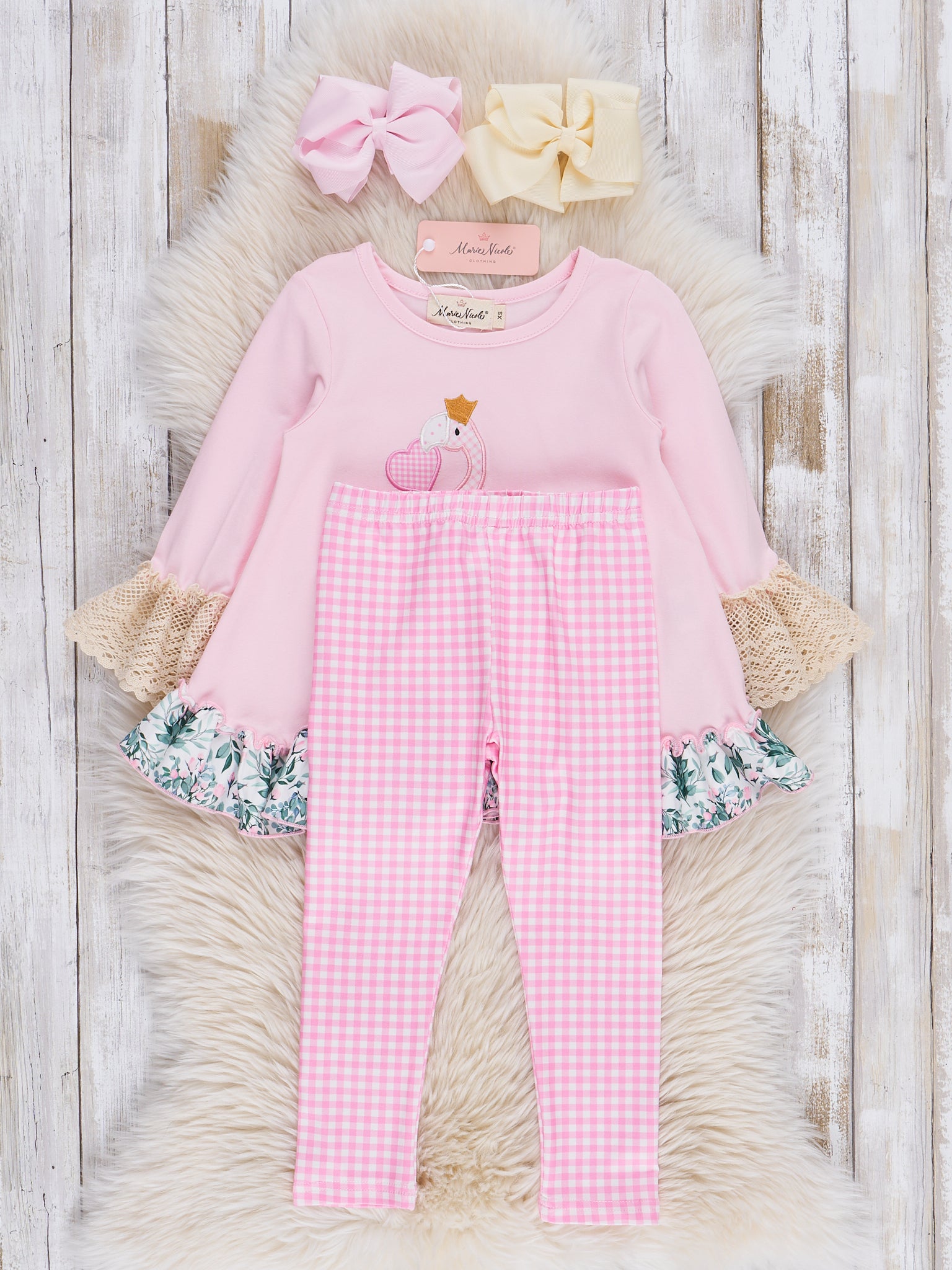 Pink Embroidered Heart Swan Ruffle Outfit - Marie Nicole Clothing