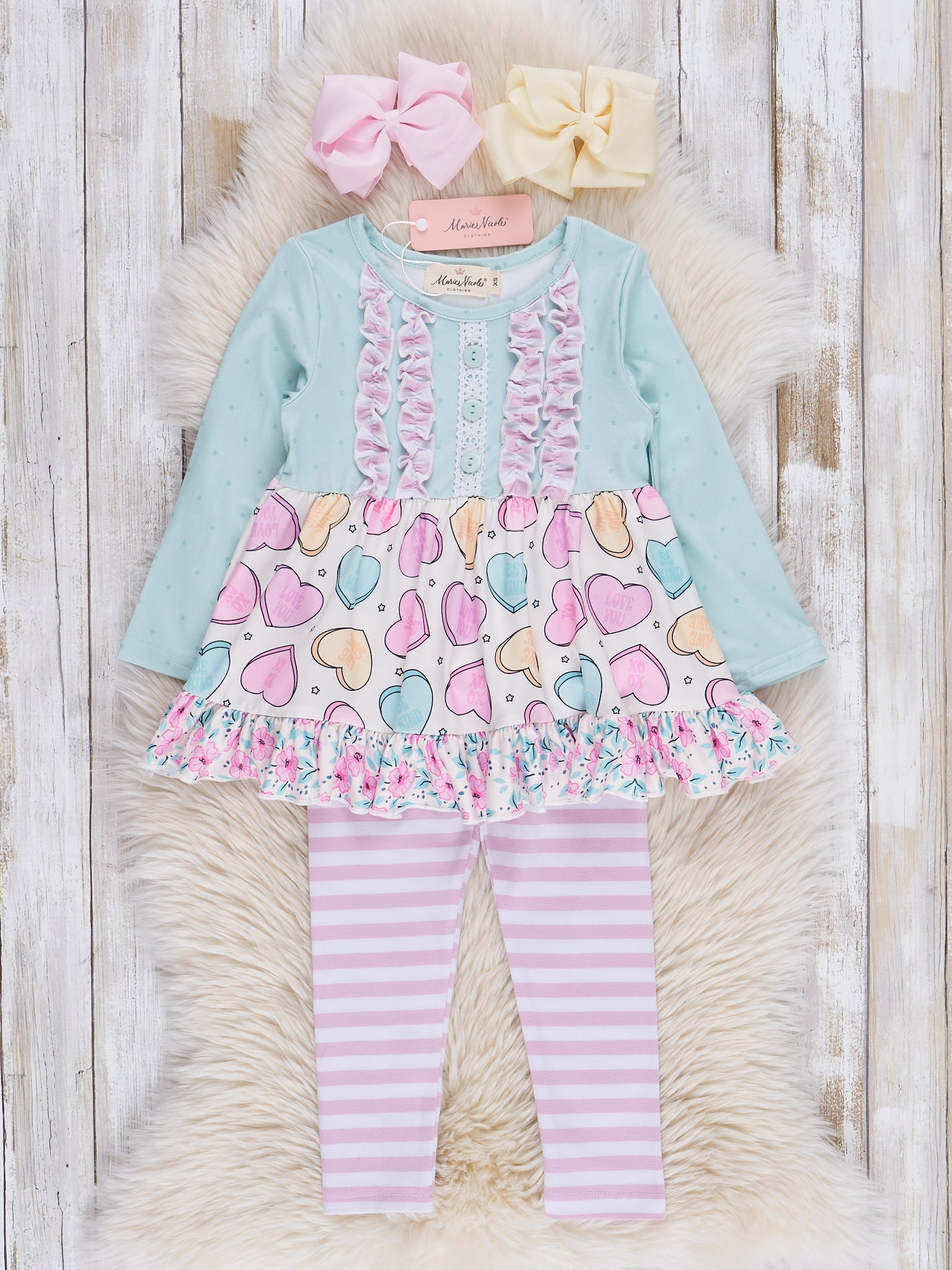 Lilac & Teal Candy Hearts Ruffle Outfit - Marie Nicole Clothing
