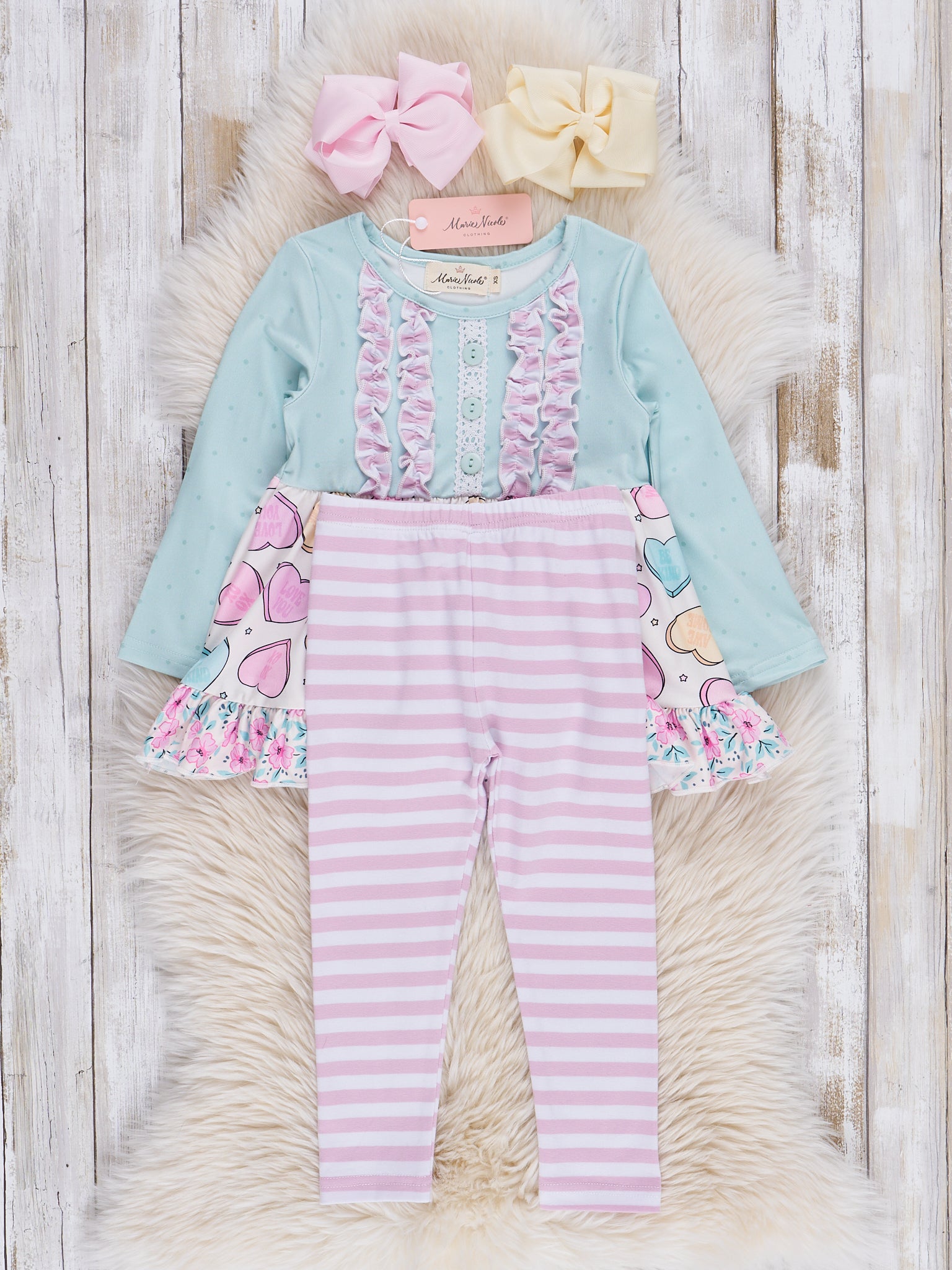 Lilac & Teal Candy Hearts Ruffle Outfit - Marie Nicole Clothing