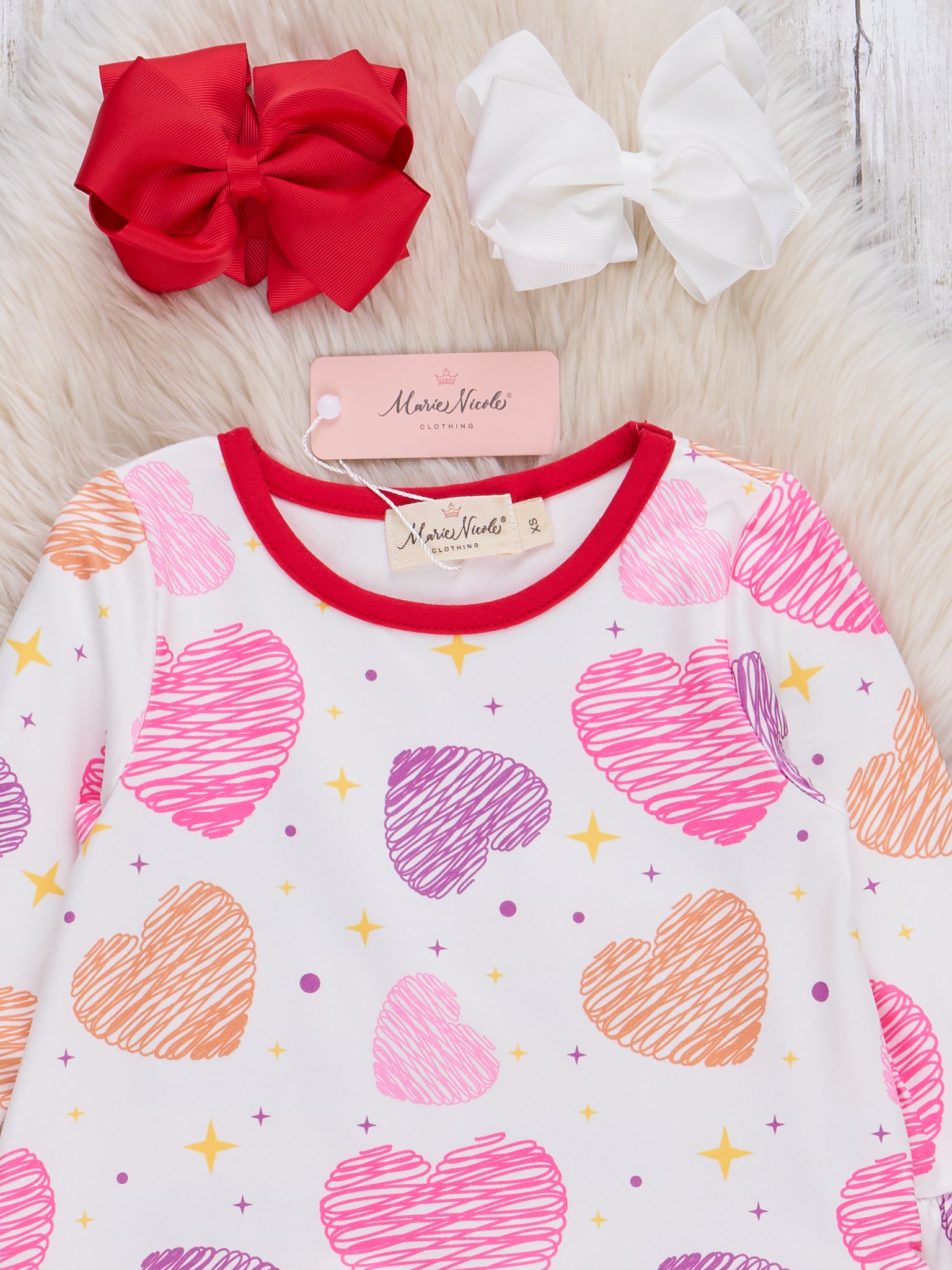 Red Trim Candy Hearts Ruffle Outfit - Marie Nicole Clothing