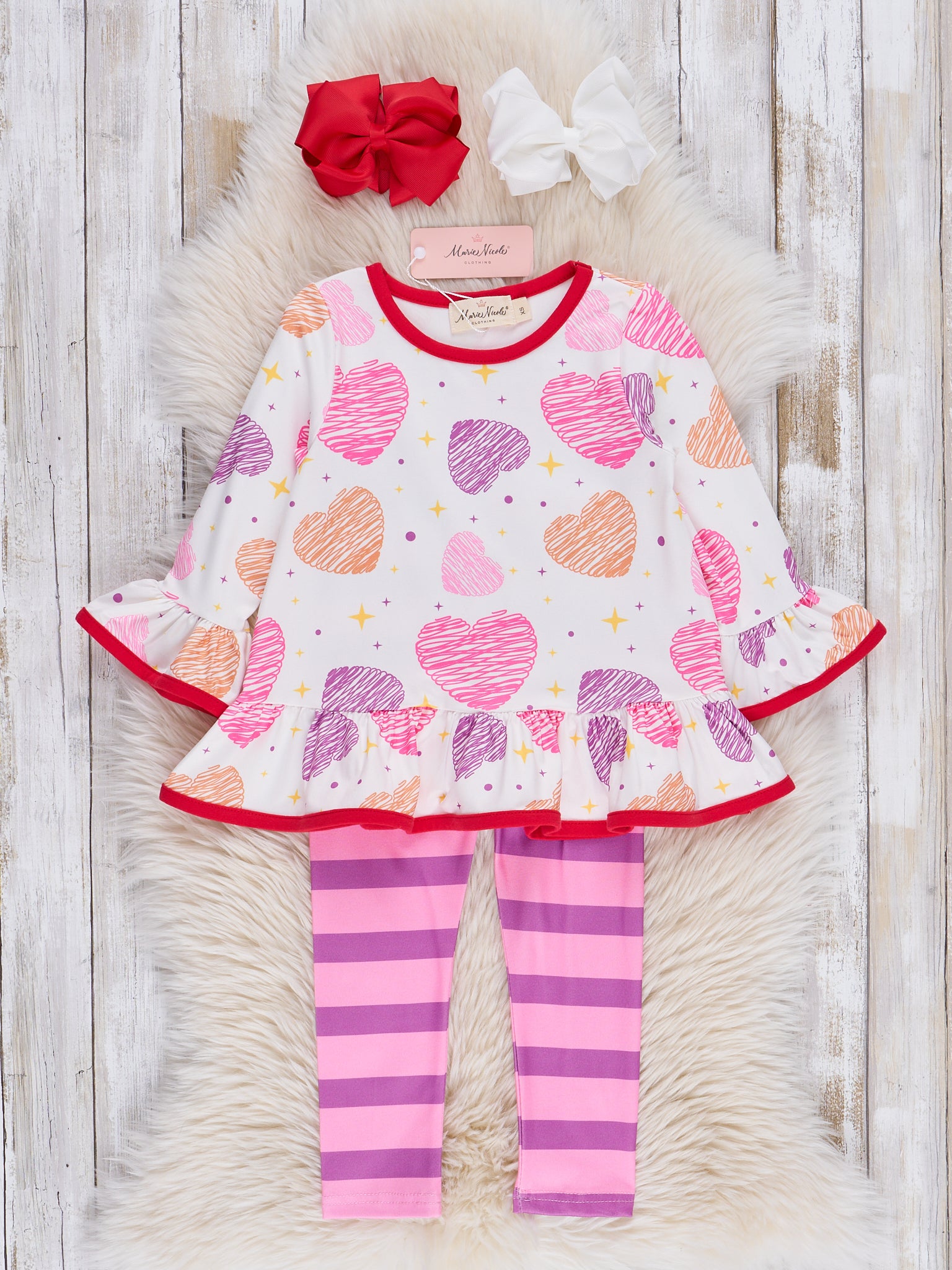 Red Trim Candy Hearts Ruffle Outfit - Marie Nicole Clothing