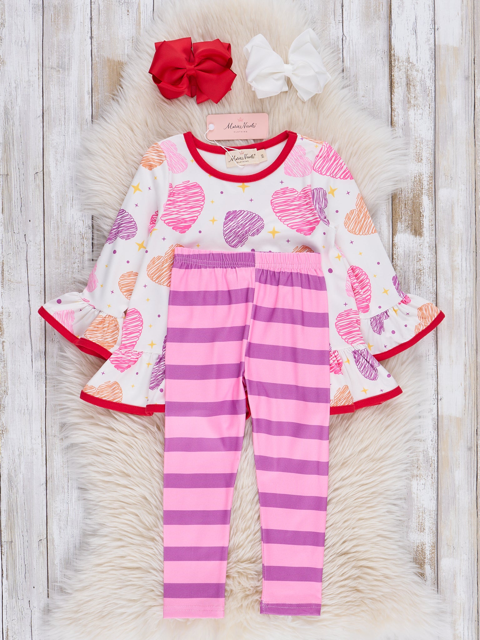 Red Trim Candy Hearts Ruffle Outfit - Marie Nicole Clothing