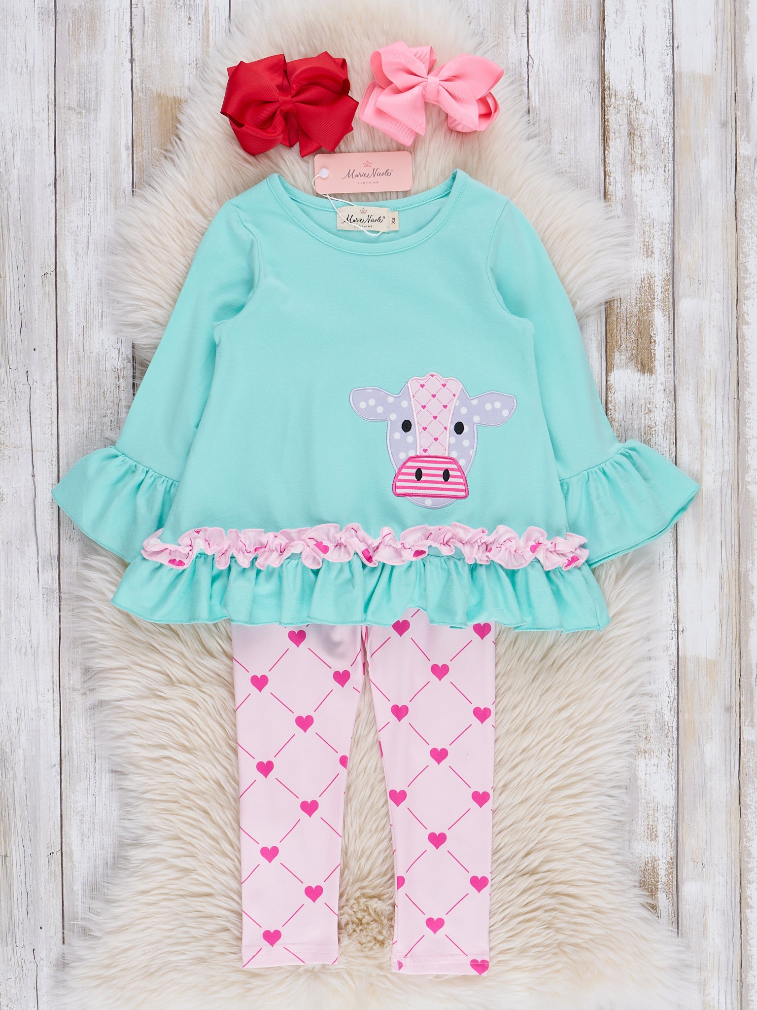 Cow Love Embroidered Ruffle Outfit - Marie Nicole Clothing