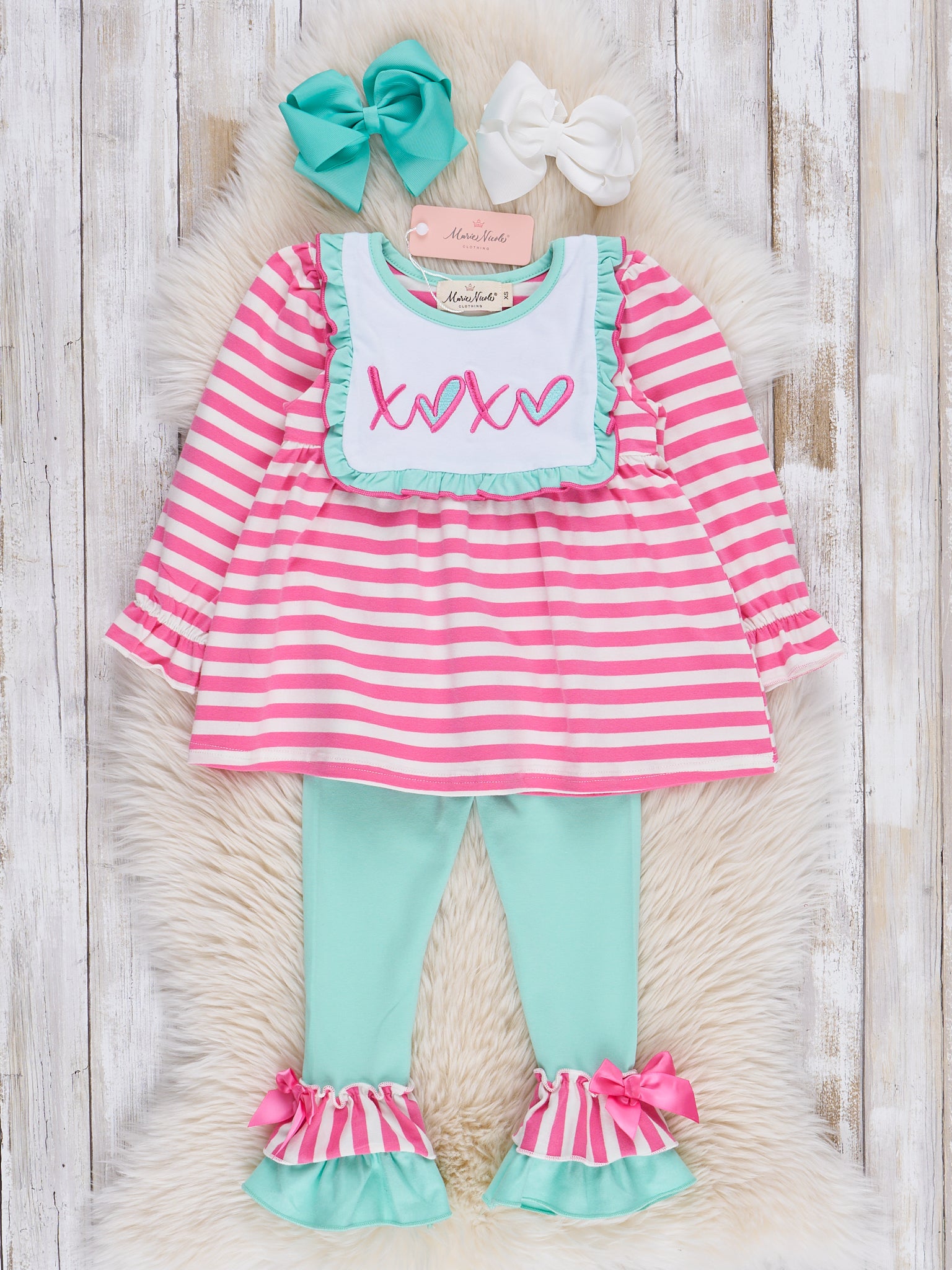 Pink & Teal XOXO Ruffle Outfit - Marie Nicole Clothing