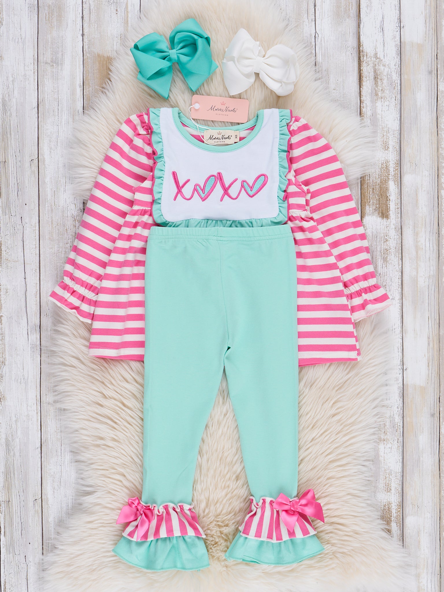 Pink & Teal XOXO Ruffle Outfit - Marie Nicole Clothing
