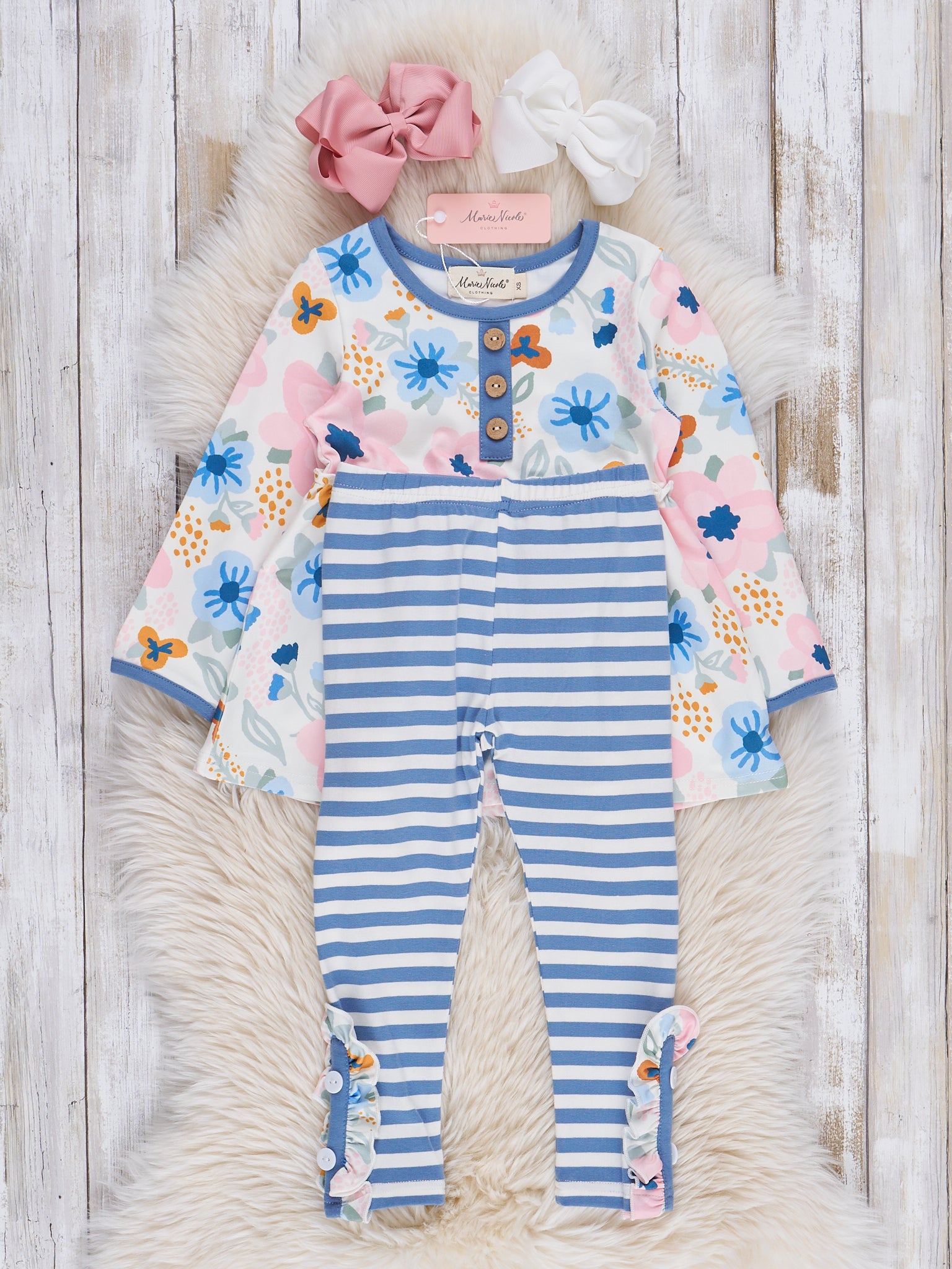 Blue & Pink Floral Watercolor Outfit - Marie Nicole Clothing