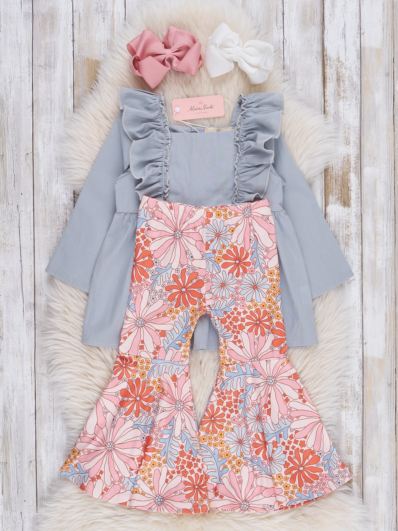 Orange & Grey Wildflowers Bell Bottoms Outfit - Marie Nicole Clothing