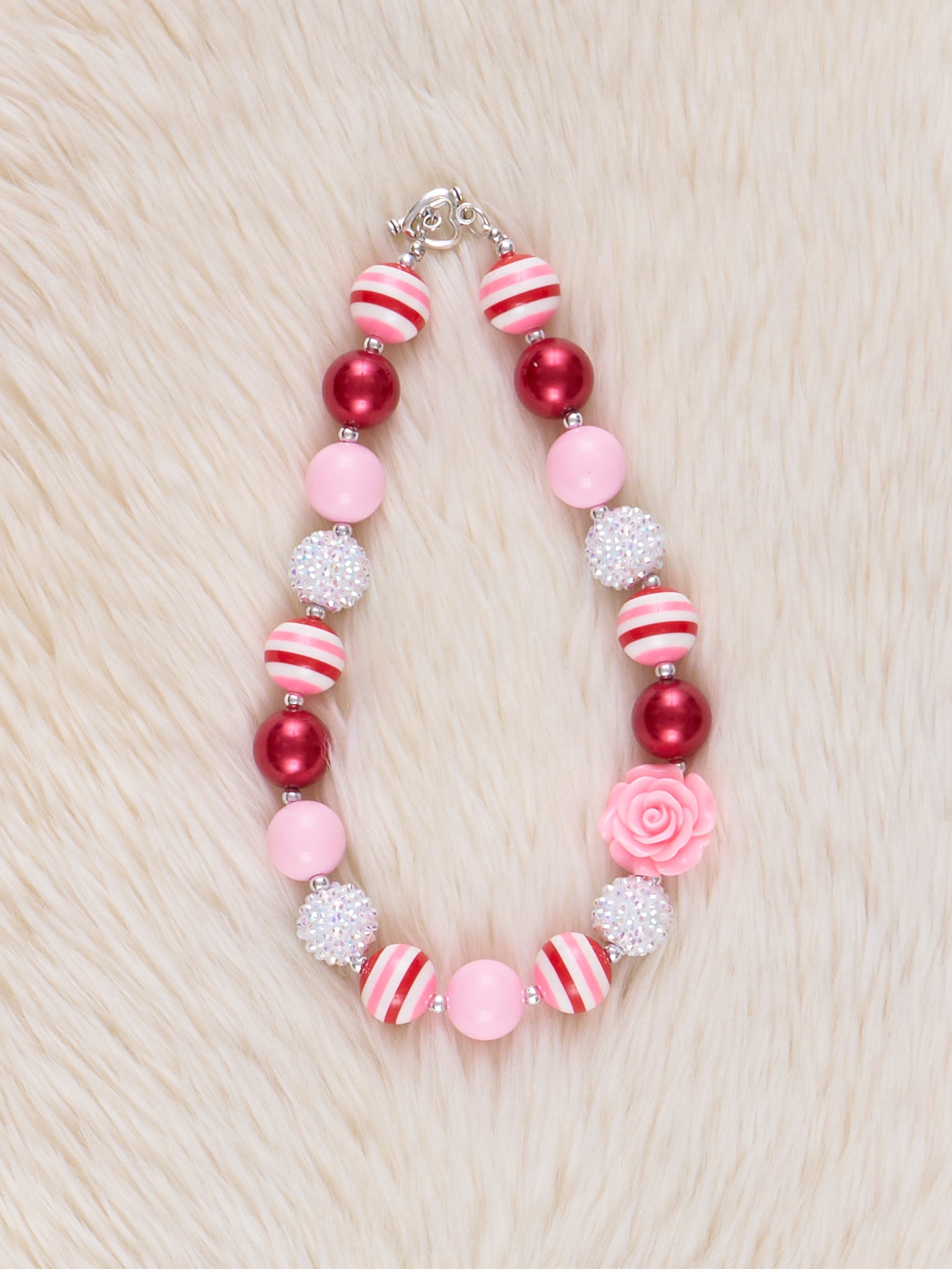 Red Stripes & Pink Rose Bubblegum Necklace - Marie Nicole Clothing