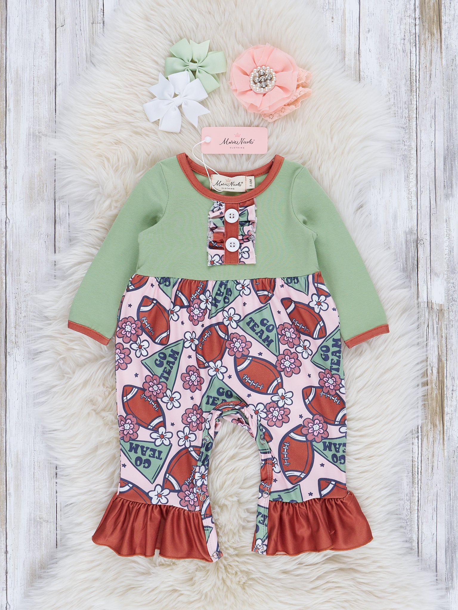 Pistachio & Chocolate Velvet Trim Football Ruffle Romper - Marie Nicole Clothing