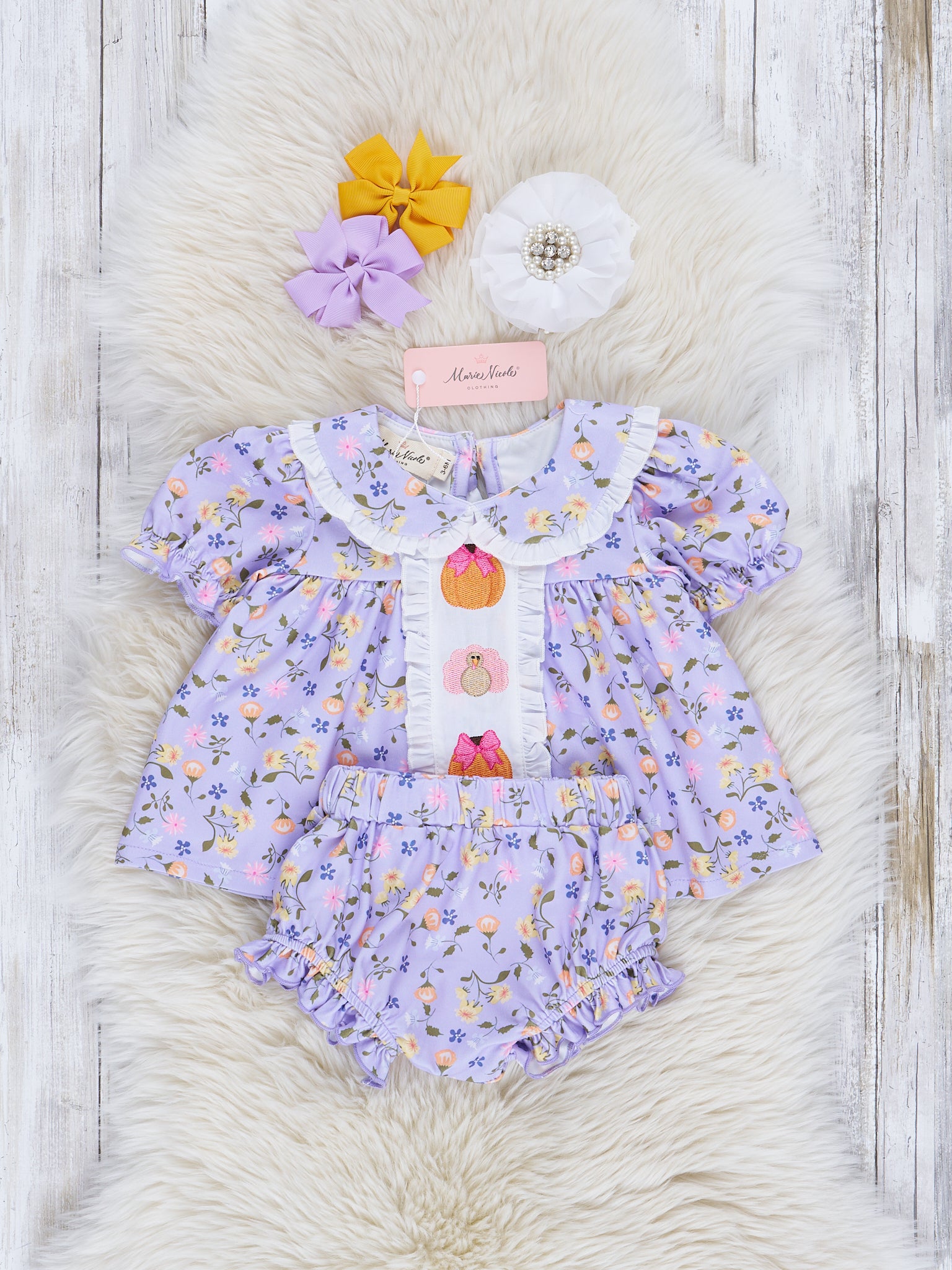 Lavender Gourds & Blooms Ruffle Bloomer Outfit - Marie Nicole Clothing