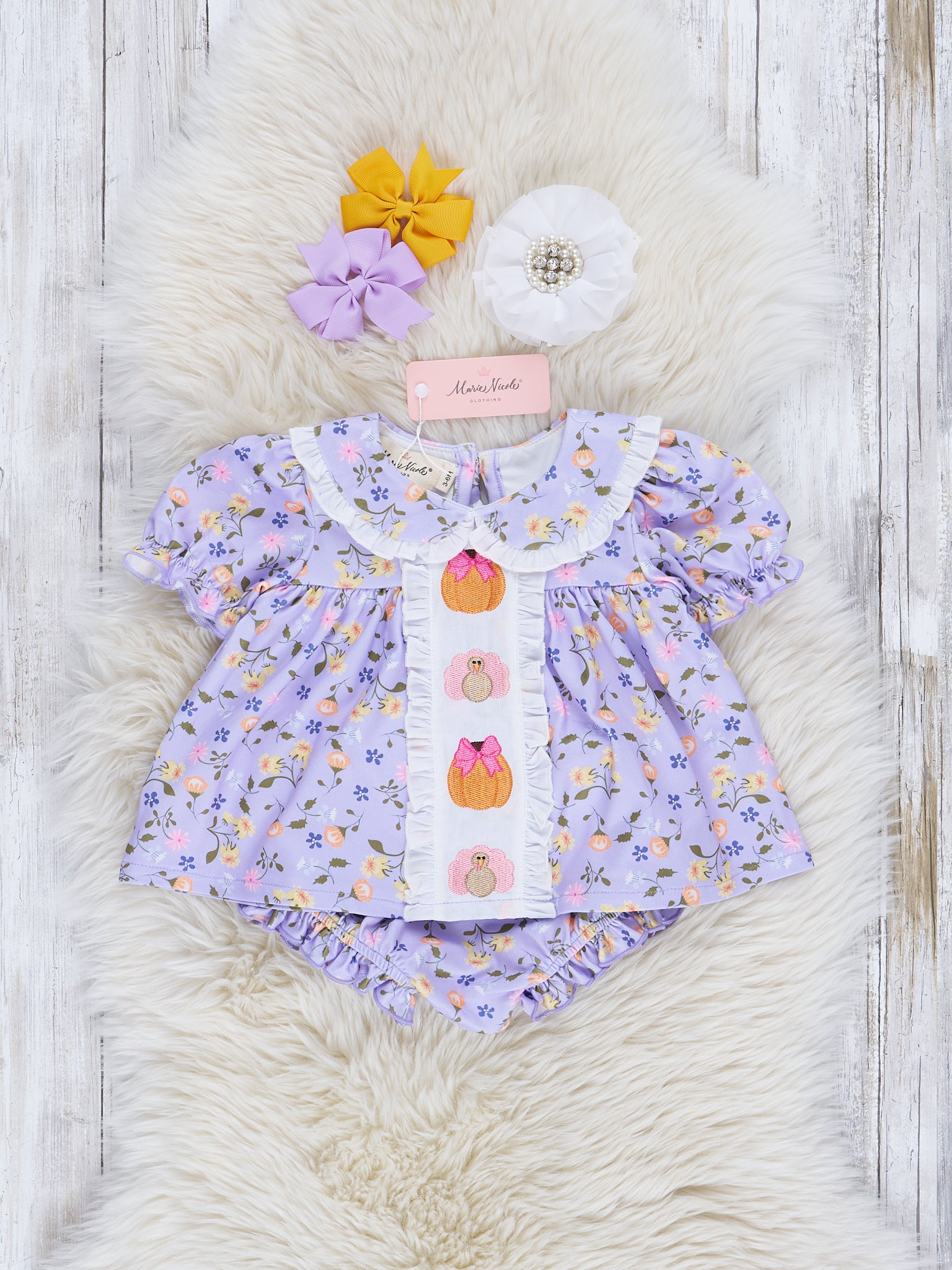Lavender Gourds & Blooms Ruffle Bloomer Outfit - Marie Nicole Clothing