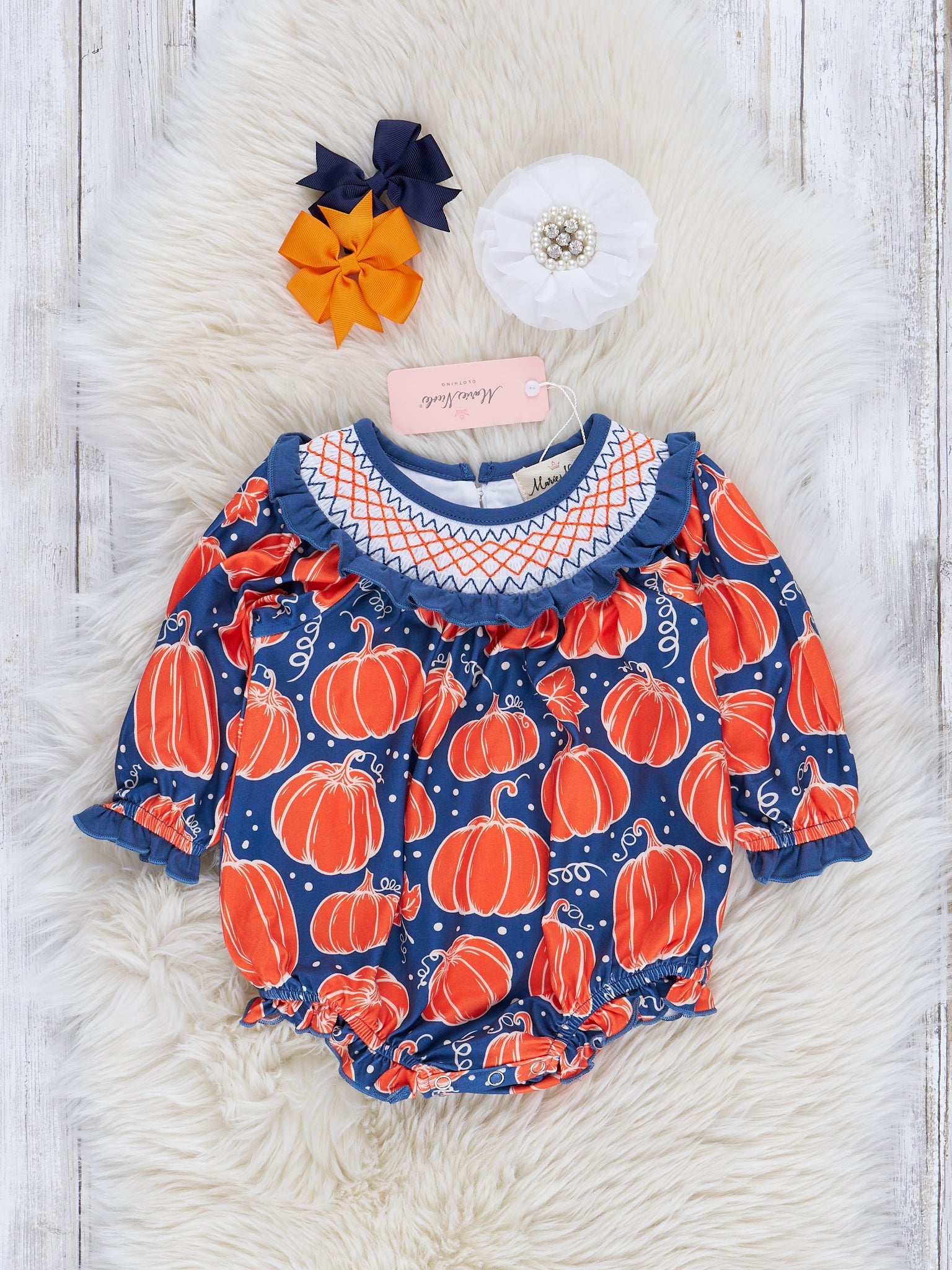 Navy & Orange Pumpkin Smock Neck Romper - Marie Nicole Clothing