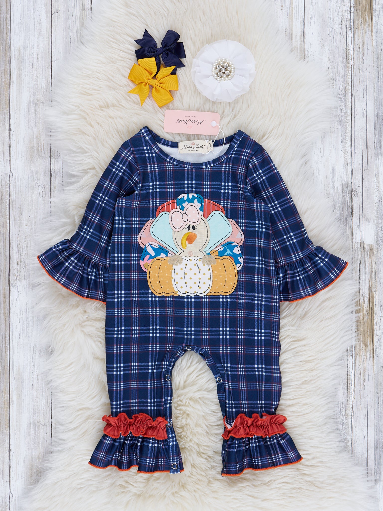 Blue & Orange Plaid Embroidered Turkey Ruffle Romper - Marie Nicole Clothing