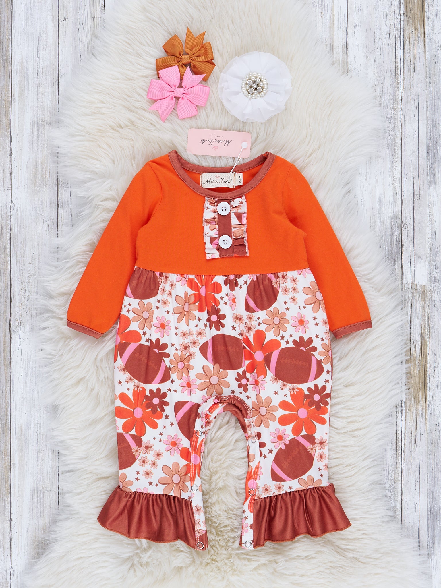 Rust & Chocolate Velvet Trim Football Ruffle Romper - Marie Nicole Clothing
