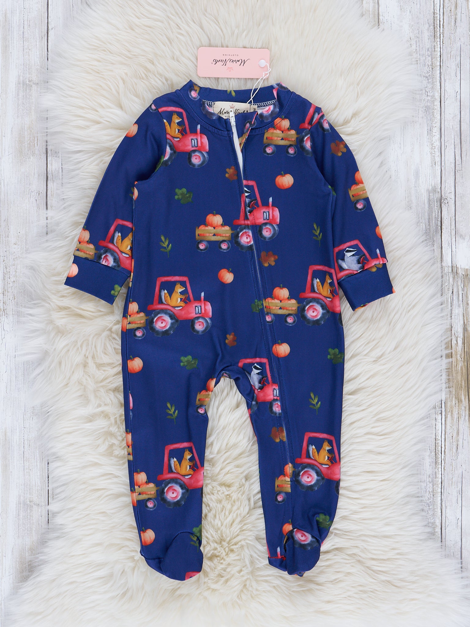 Navy & Orange Trucks Footed Sleeper Pajamas - Marie Nicole Clothing