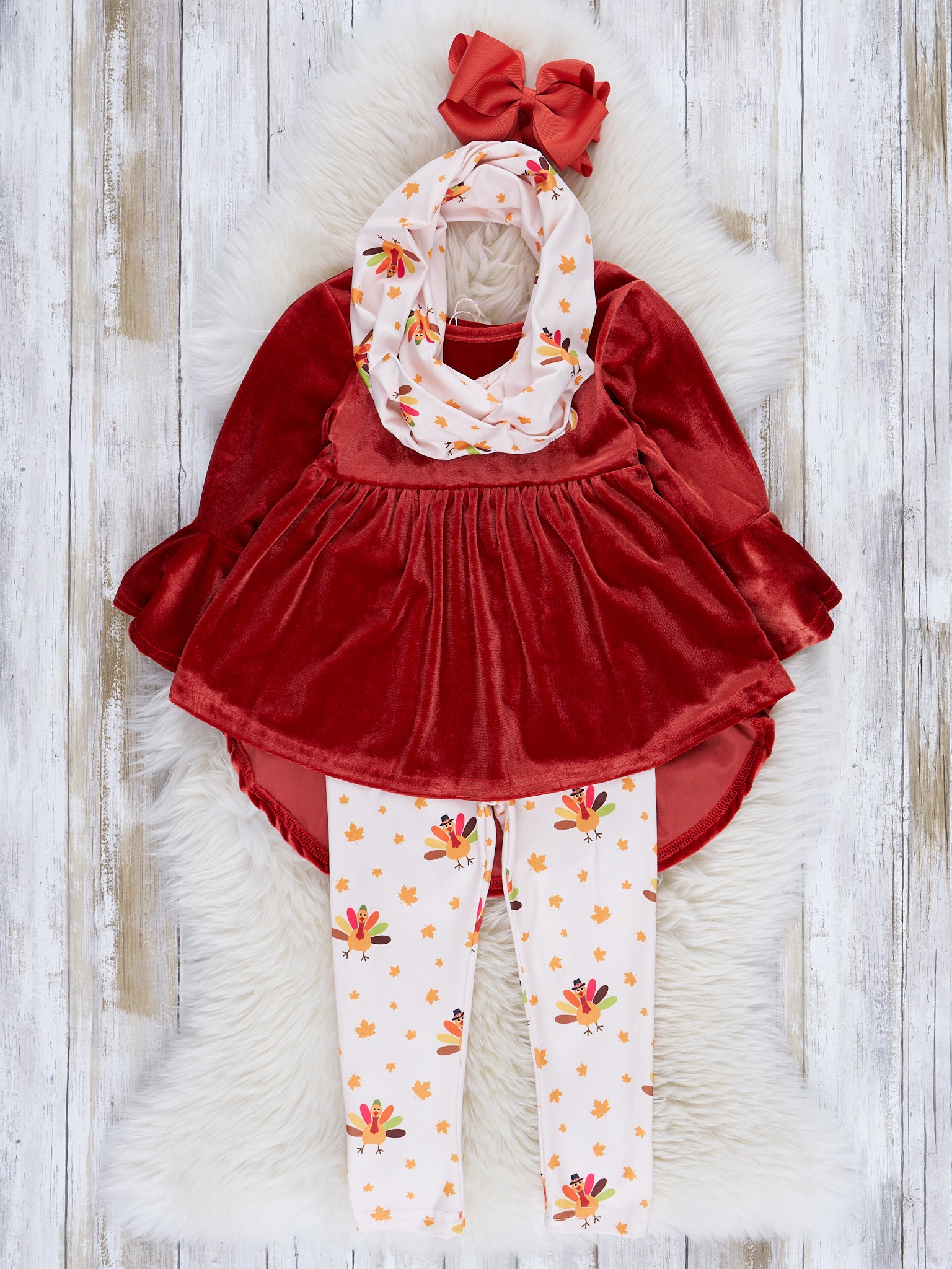 Rust Velvet Turkey Outfit w/ Scarf - Marie Nicole Clothing