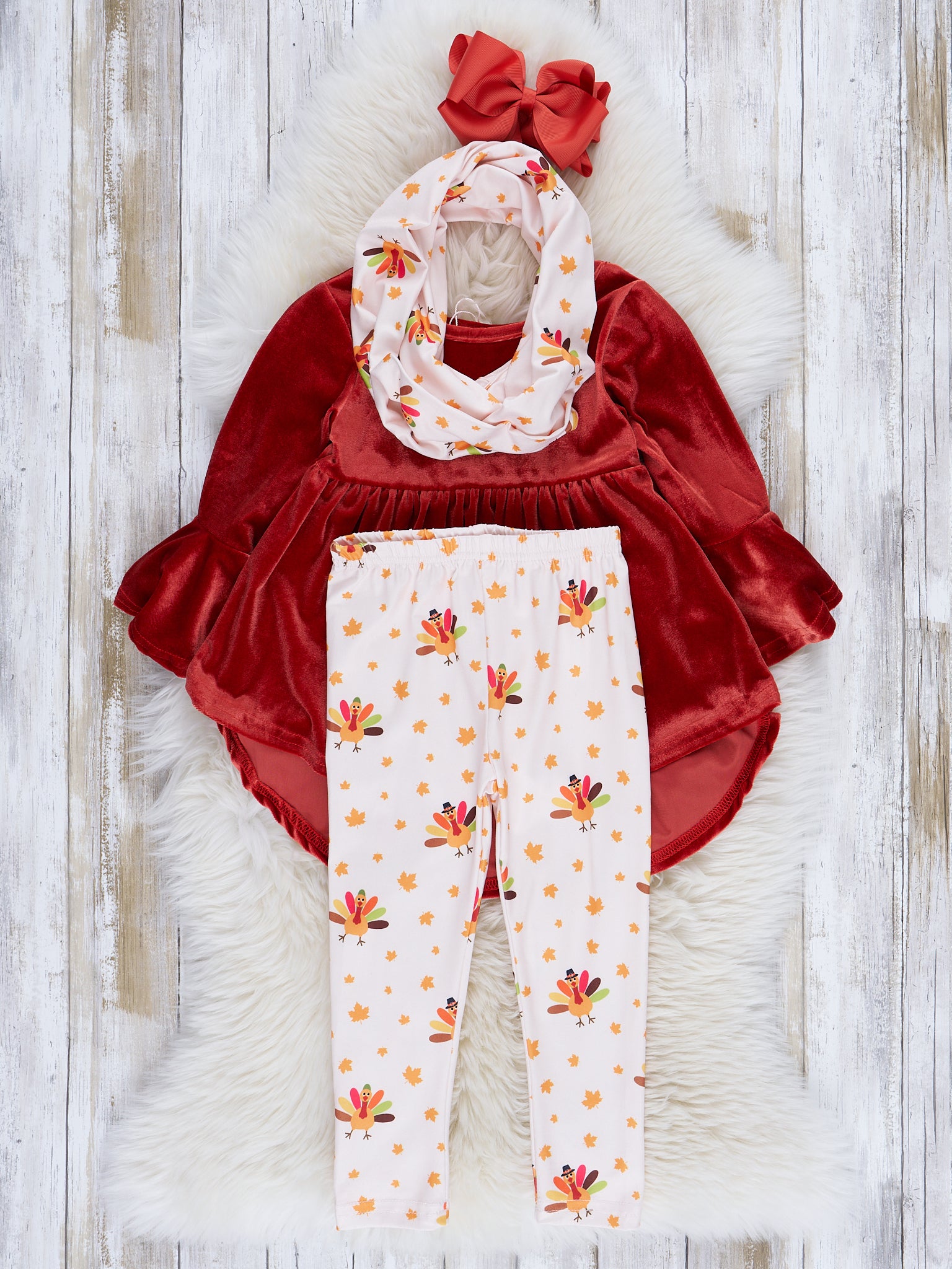 Rust Velvet Turkey Outfit w/ Scarf - Marie Nicole Clothing
