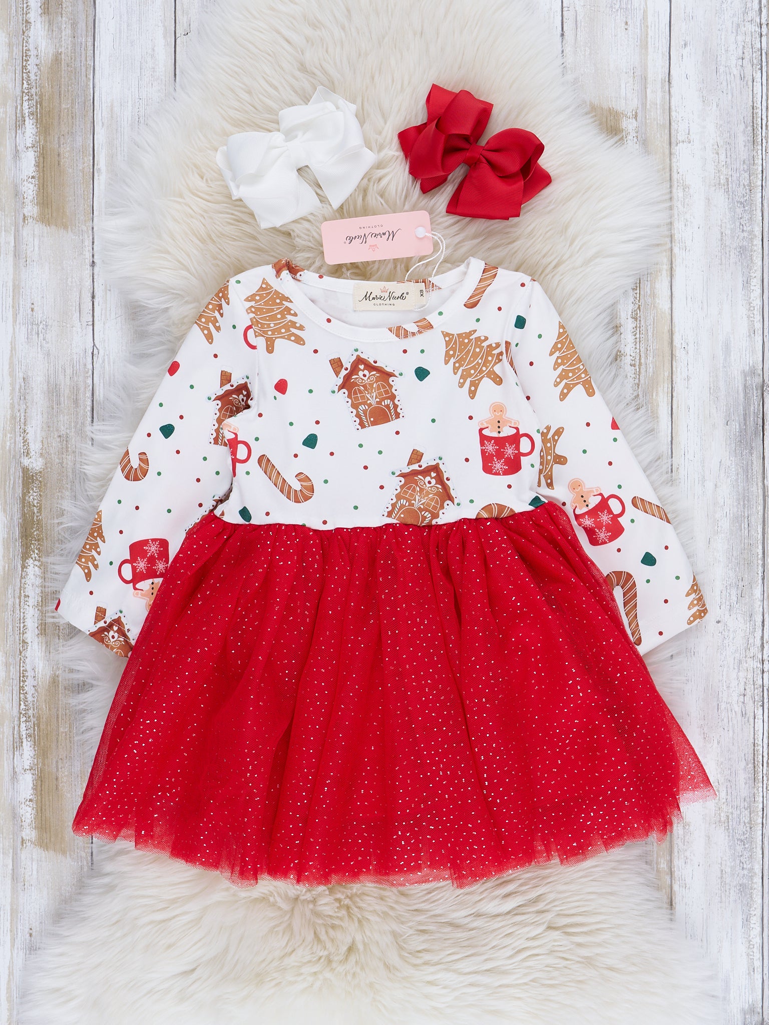 Red & White Holiday Cheer Tulle Dress - Marie Nicole Clothing