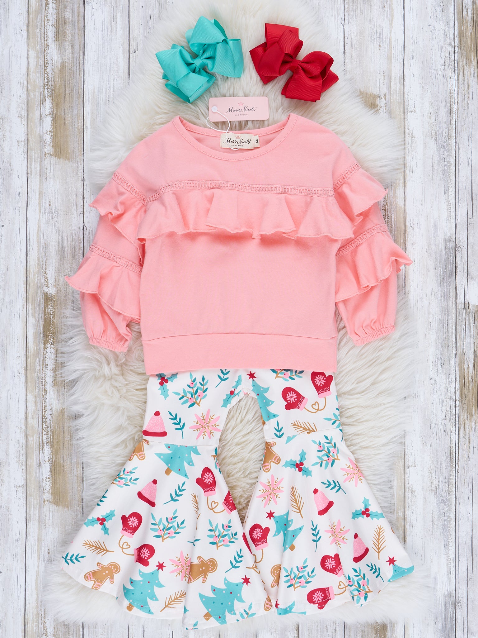 Wonderful Christmas Time Ruffle Bell Bottom Outfit - Marie Nicole Clothing