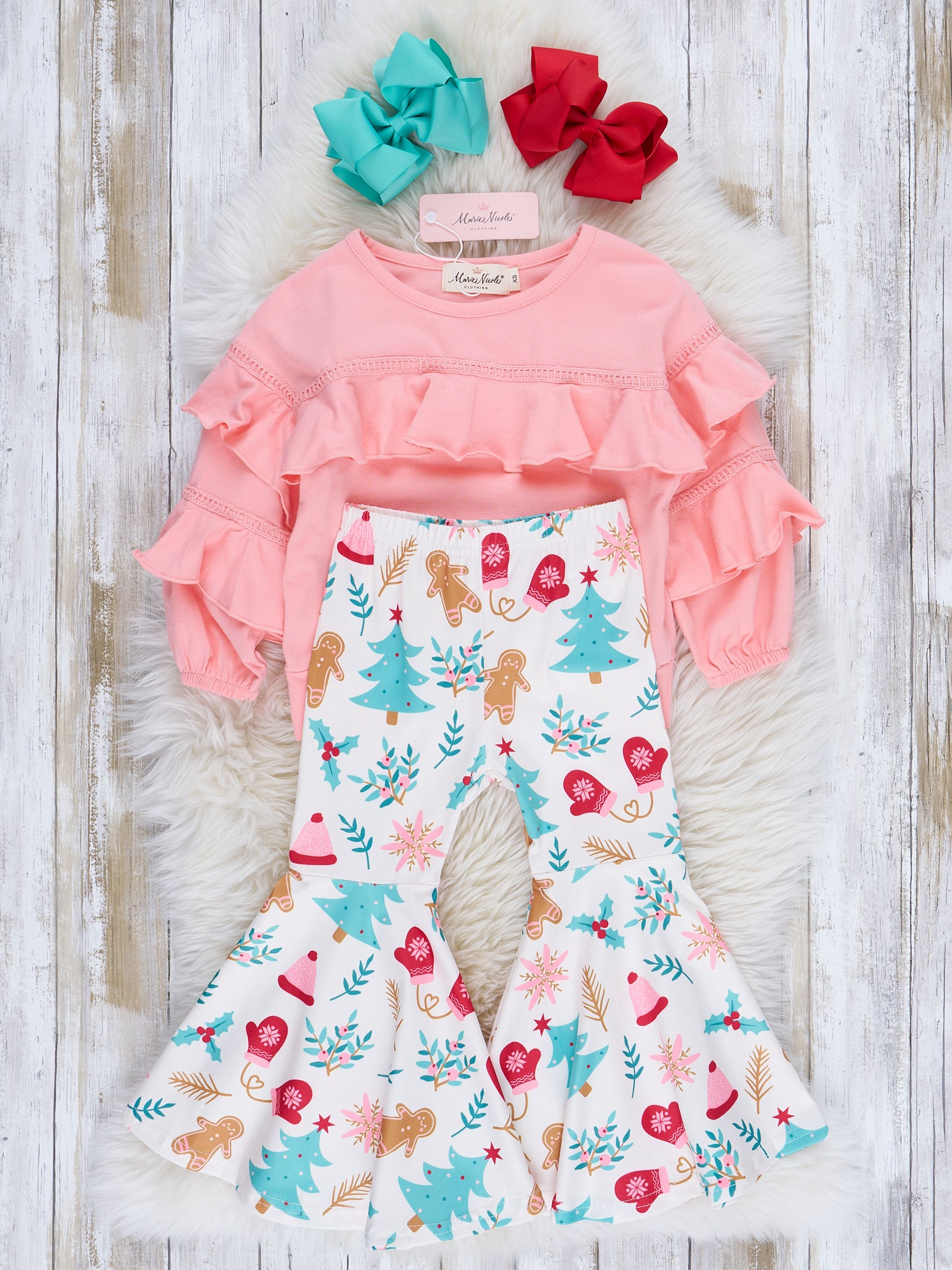 Wonderful Christmas Time Ruffle Bell Bottom Outfit - Marie Nicole Clothing