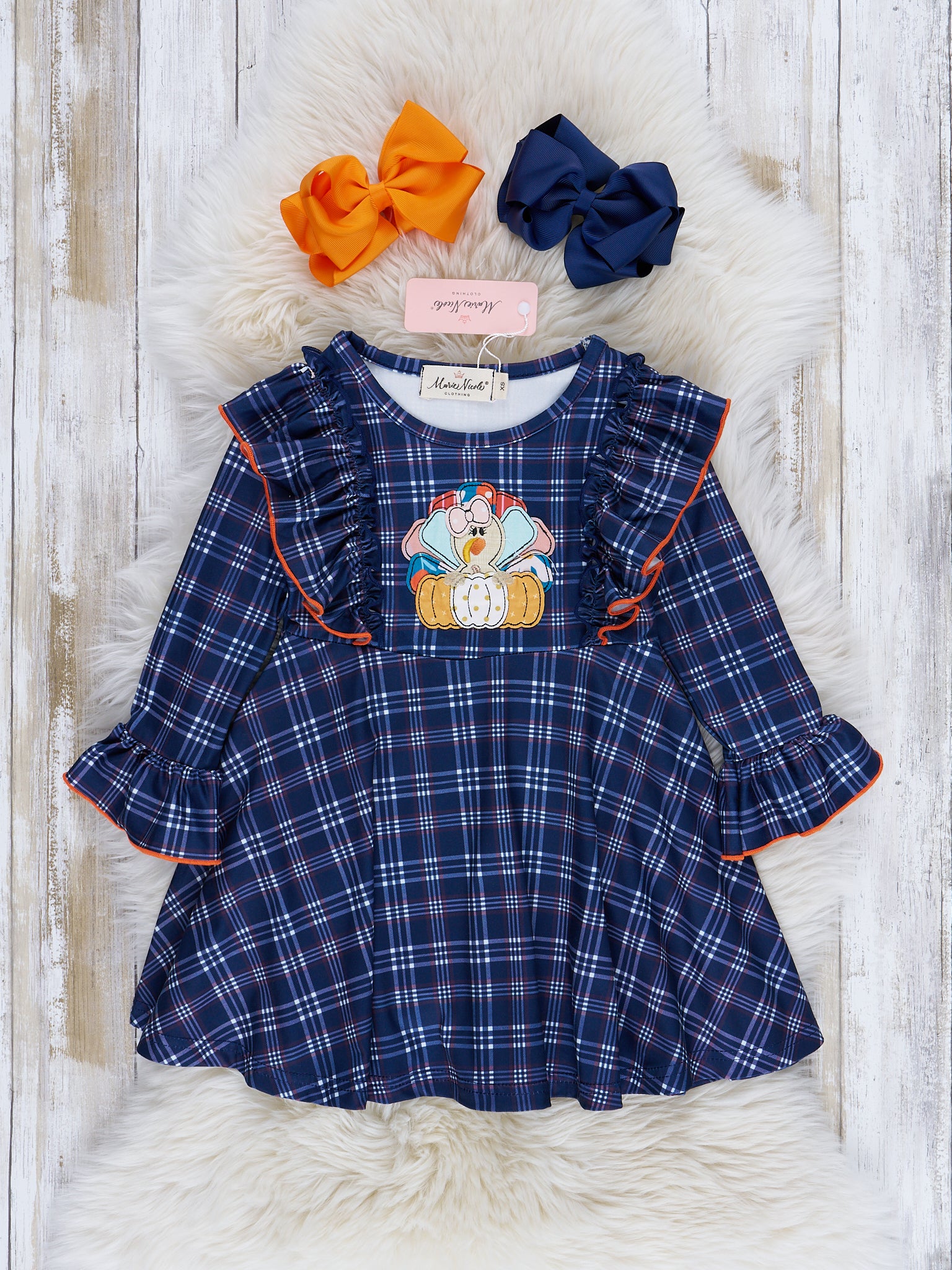 Blue & Orange Plaid Embroidered Turkey Ruffle Dress - Marie Nicole Clothing