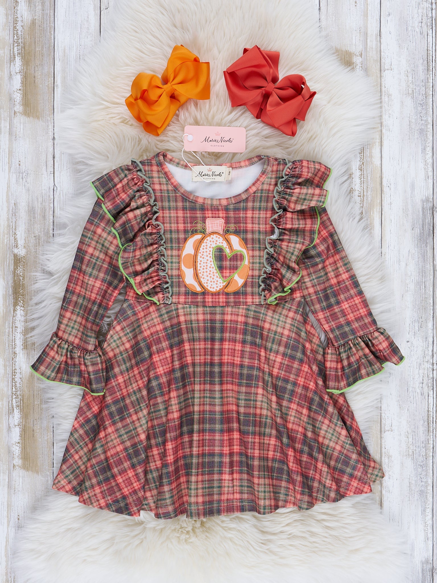 Lime & Brown Plaid Embroidered Pumpkin Ruffle Dress - Marie Nicole Clothing