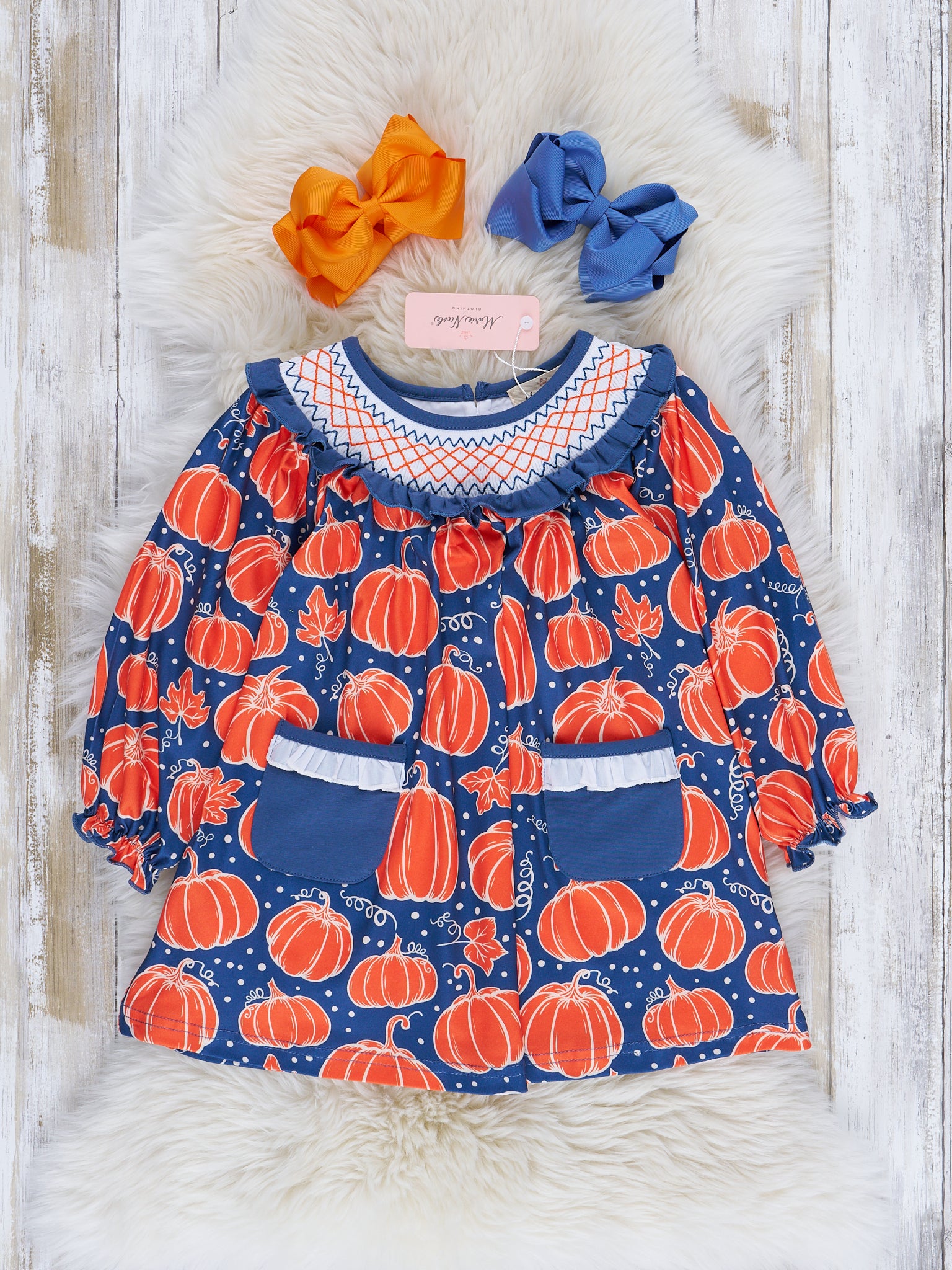 Navy & Orange Pumpkin Smock Neck Dress - Marie Nicole Clothing
