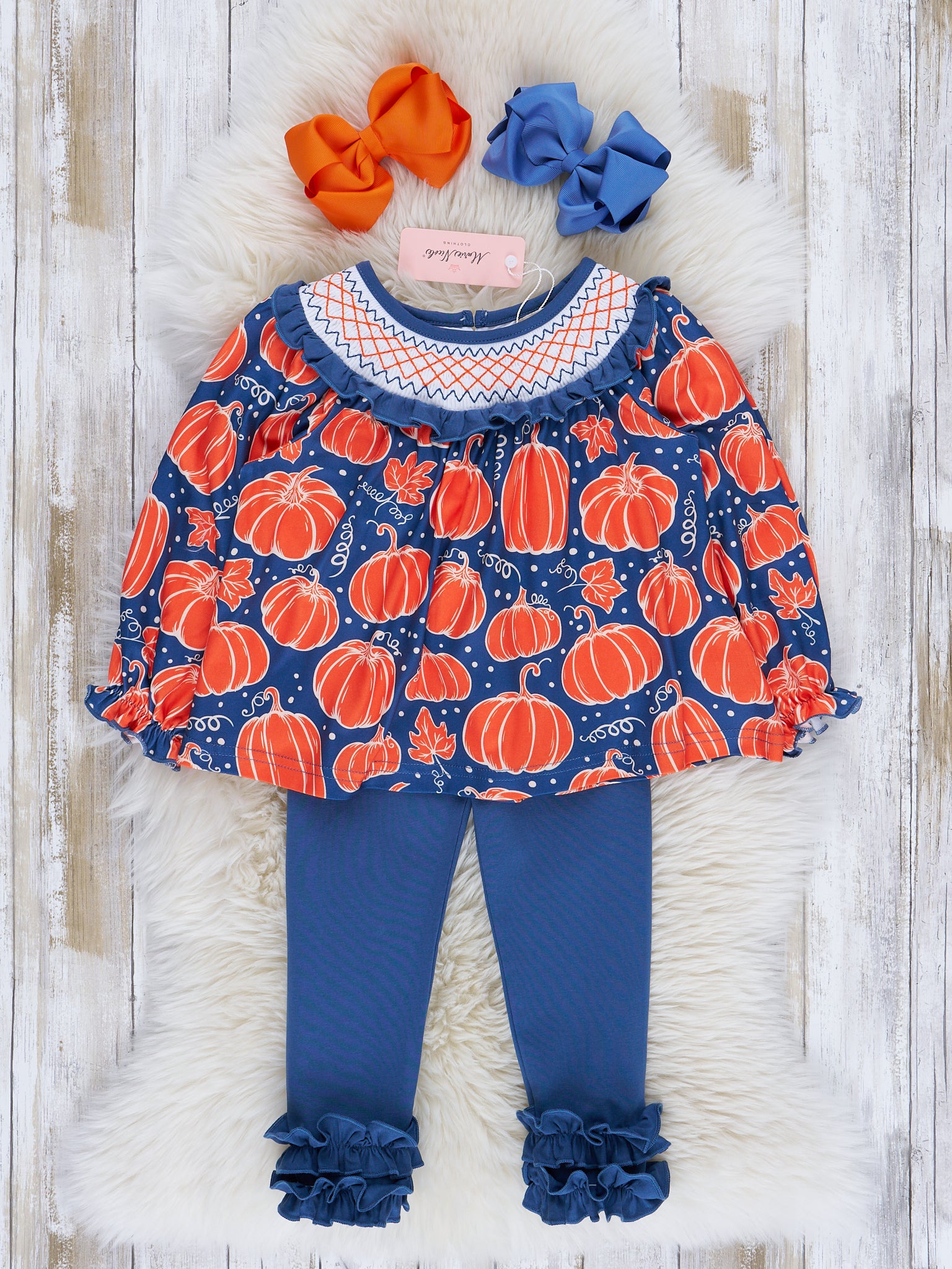 Navy & Orange Pumpkin Smock Neck Outfit - Marie Nicole Clothing
