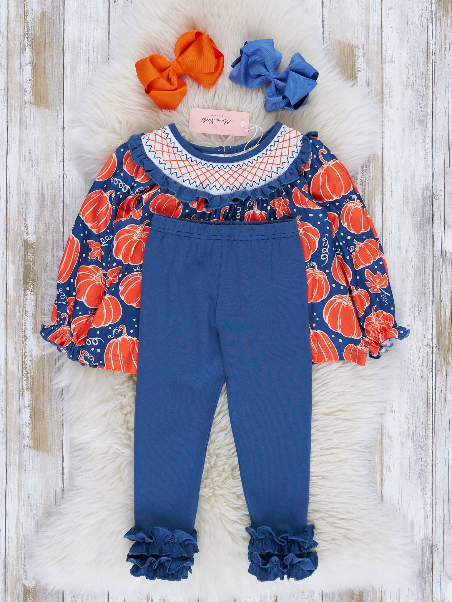 Navy & Orange Pumpkin Smock Neck Outfit - Marie Nicole Clothing