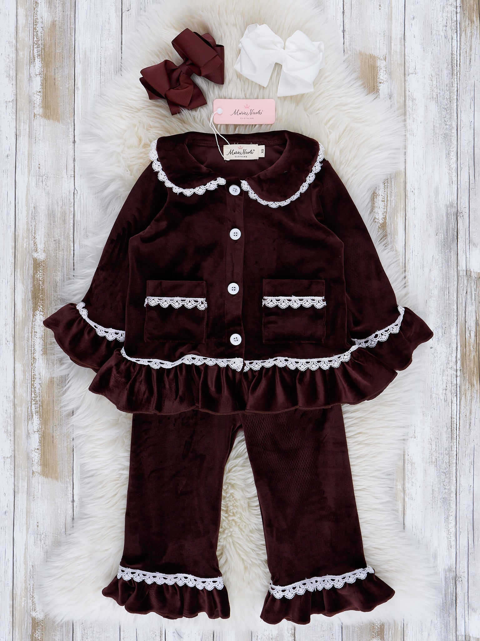 Girls' Autumn Velvet Ruffle Pajamas - Marie Nicole Clothing