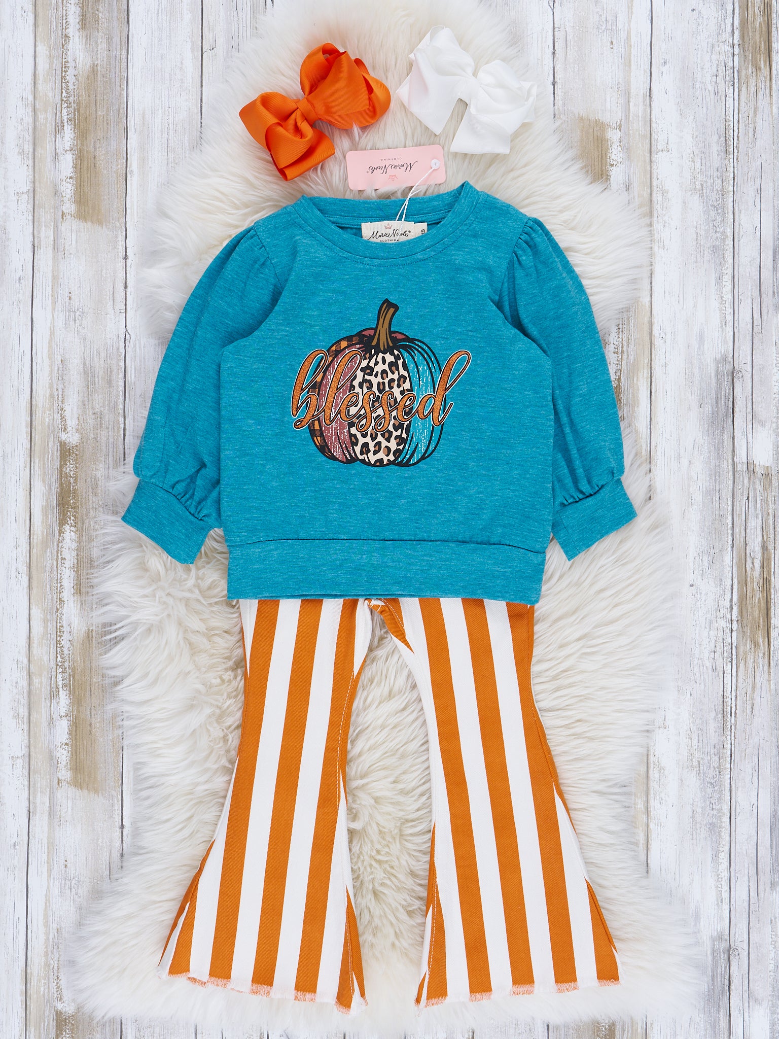Teal Pumpkin & Orange Stripes Bell Bottom Outfit - Marie Nicole Clothing