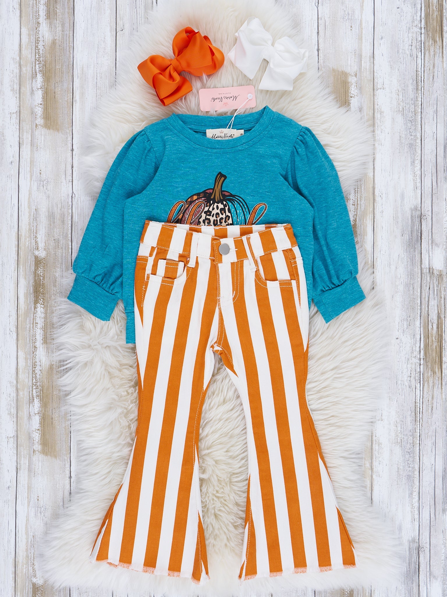 Teal Pumpkin & Orange Stripes Bell Bottom Outfit - Marie Nicole Clothing