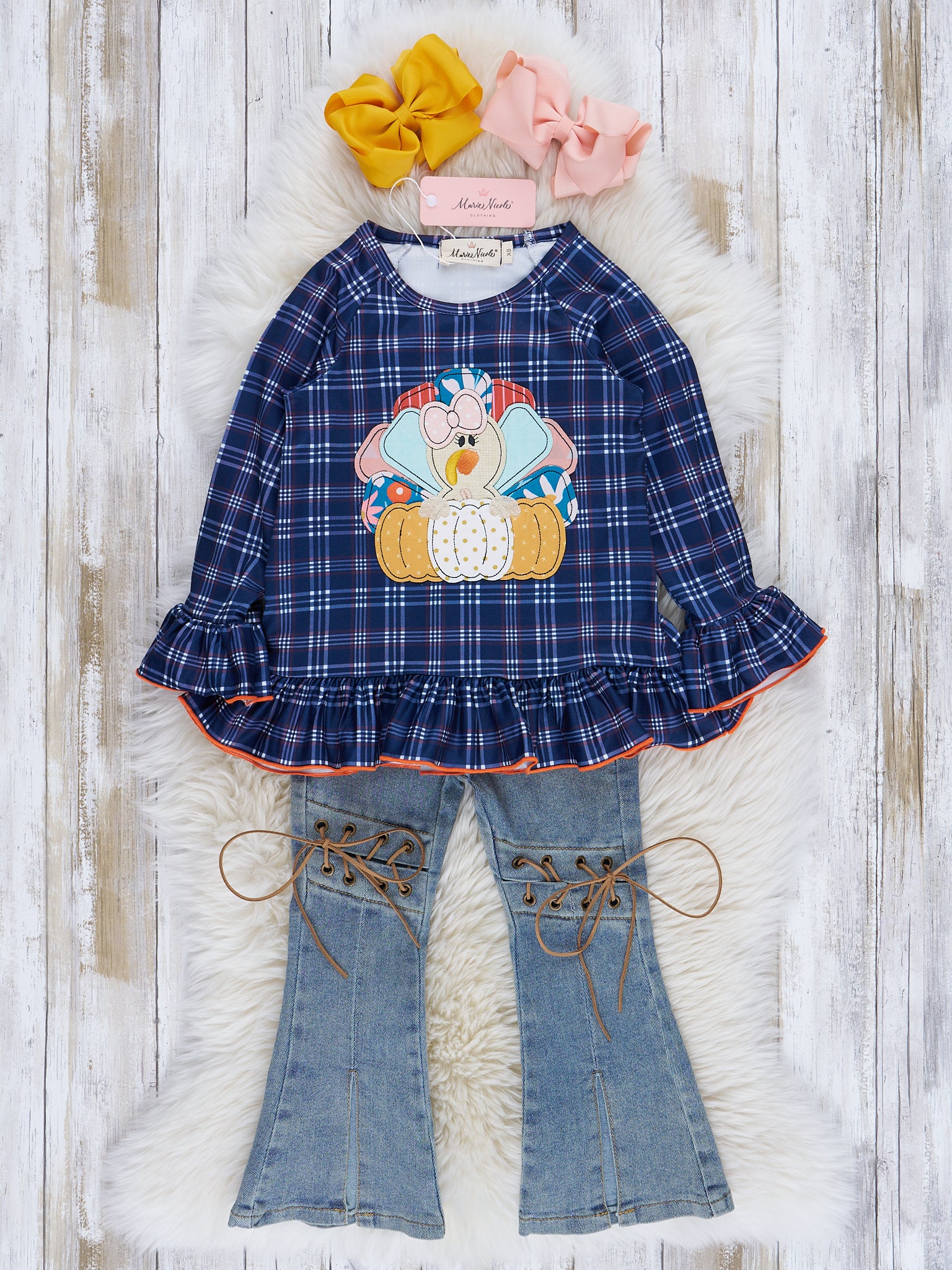 Blue & Orange Plaid Embroidered Turkey Outfit w/ Denim - Marie Nicole Clothing