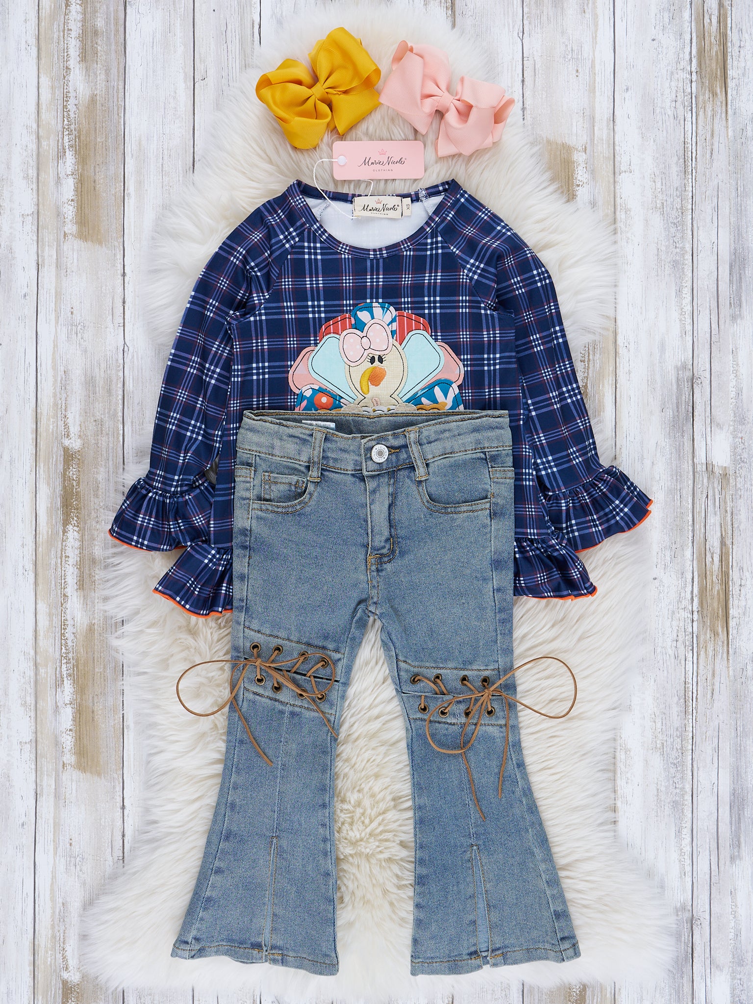 Blue & Orange Plaid Embroidered Turkey Outfit w/ Denim - Marie Nicole Clothing