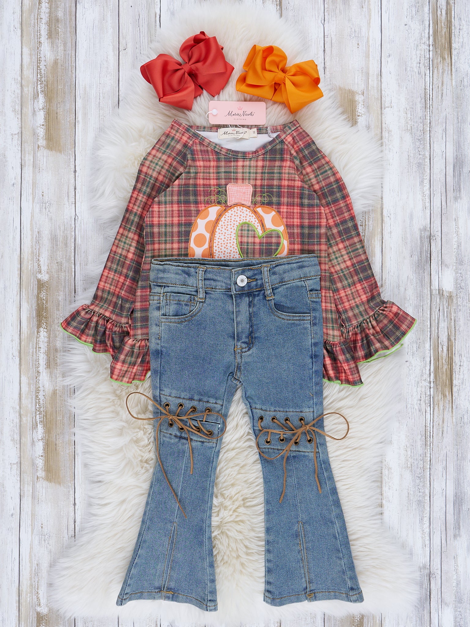 Lime & Brown Plaid Embroidered Pumpkin Outfit w/ Denim - Marie Nicole Clothing