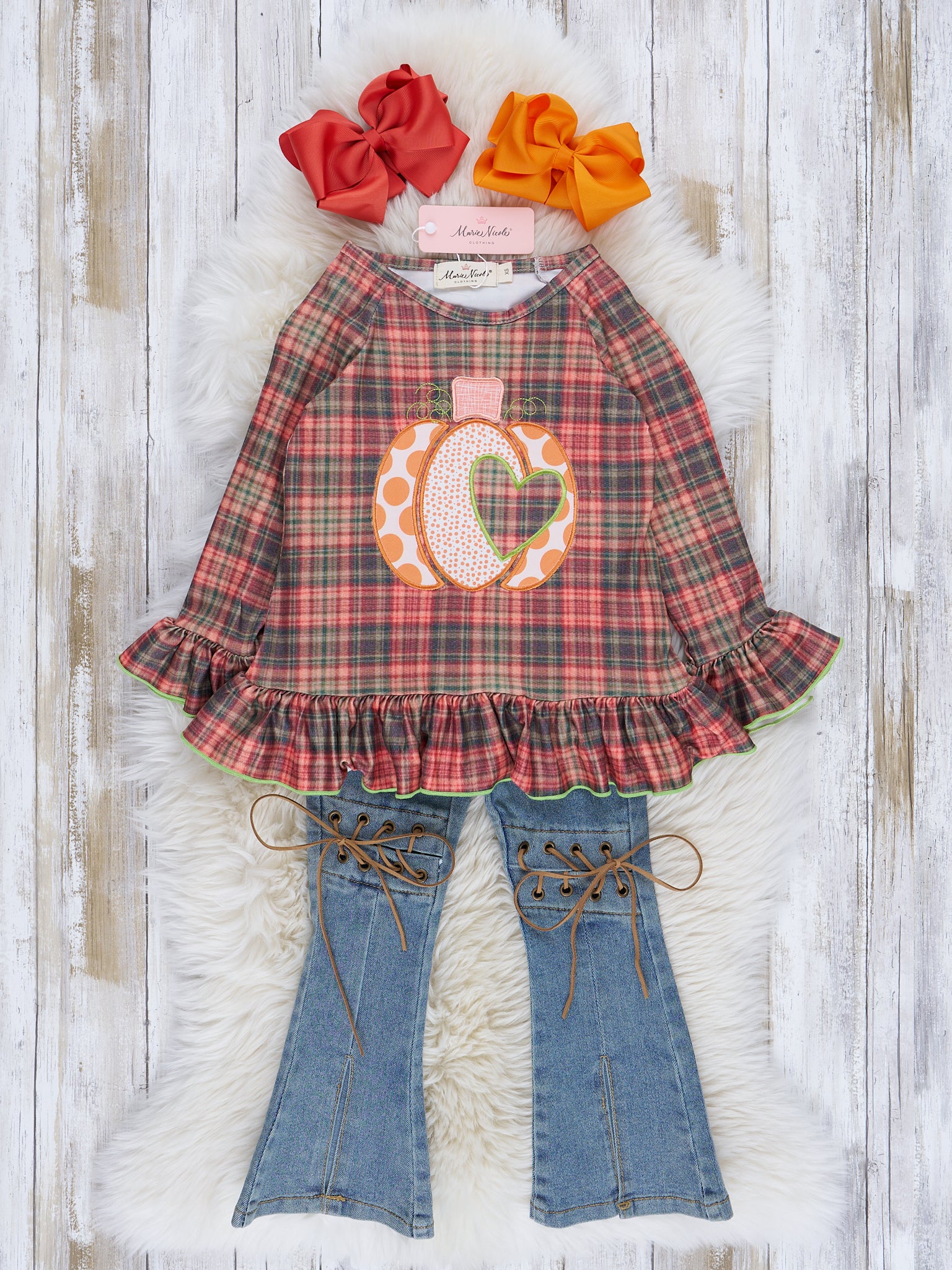 Lime & Brown Plaid Embroidered Pumpkin Outfit w/ Denim - Marie Nicole Clothing