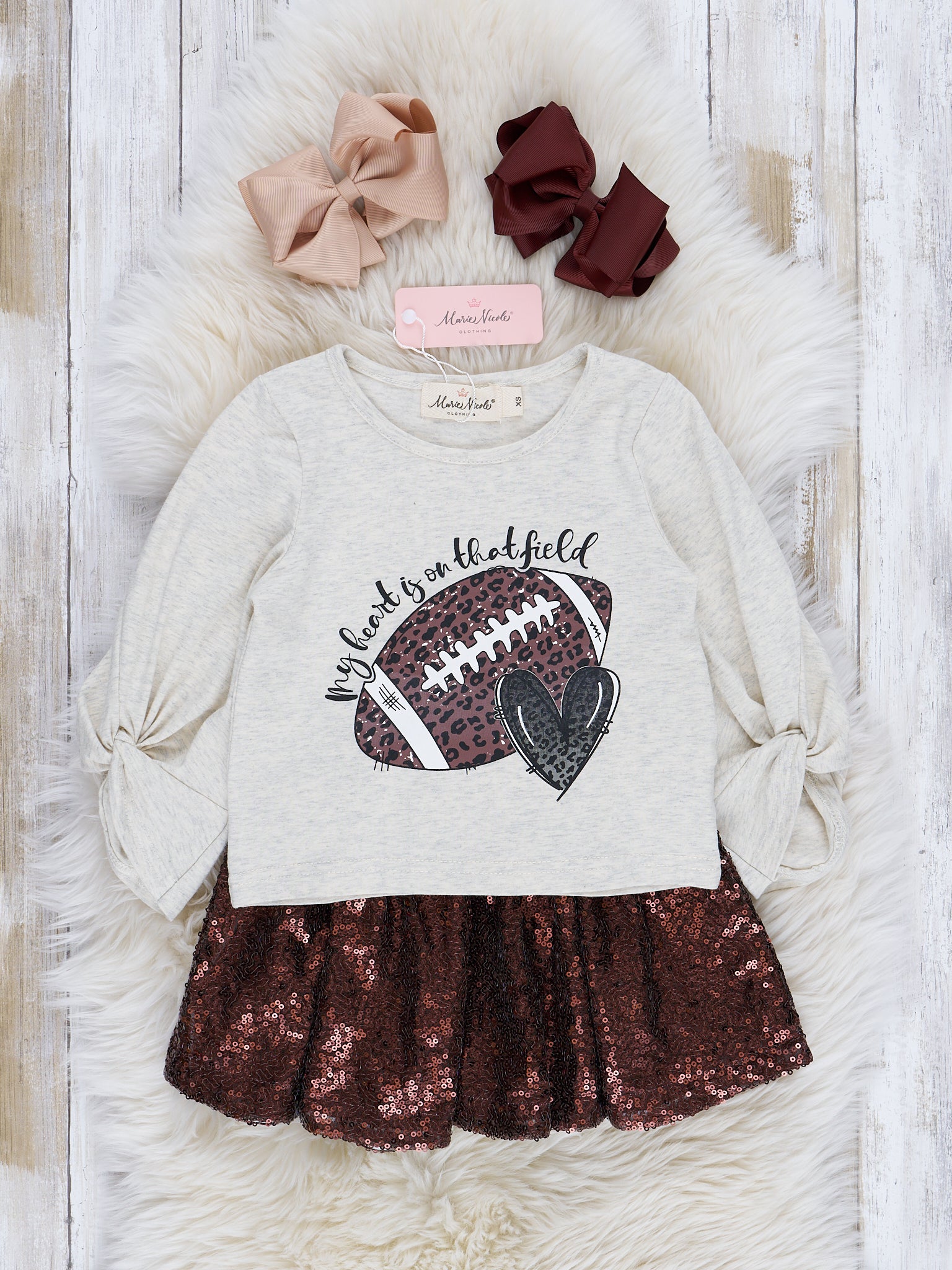 Beige & Brown Touchdown Glam Sequin Skirt Outfit - Marie Nicole Clothing