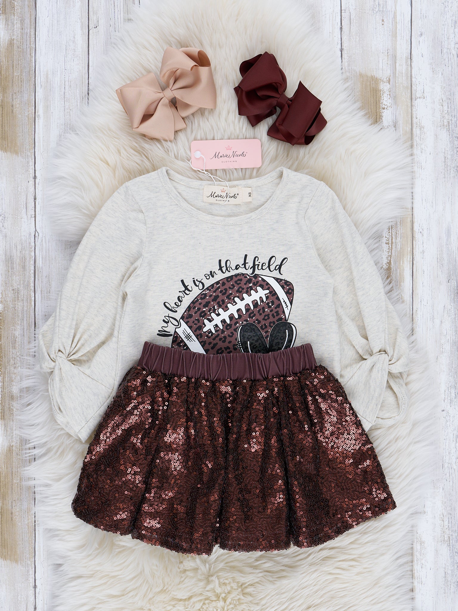 Beige & Brown Touchdown Glam Sequin Skirt Outfit - Marie Nicole Clothing