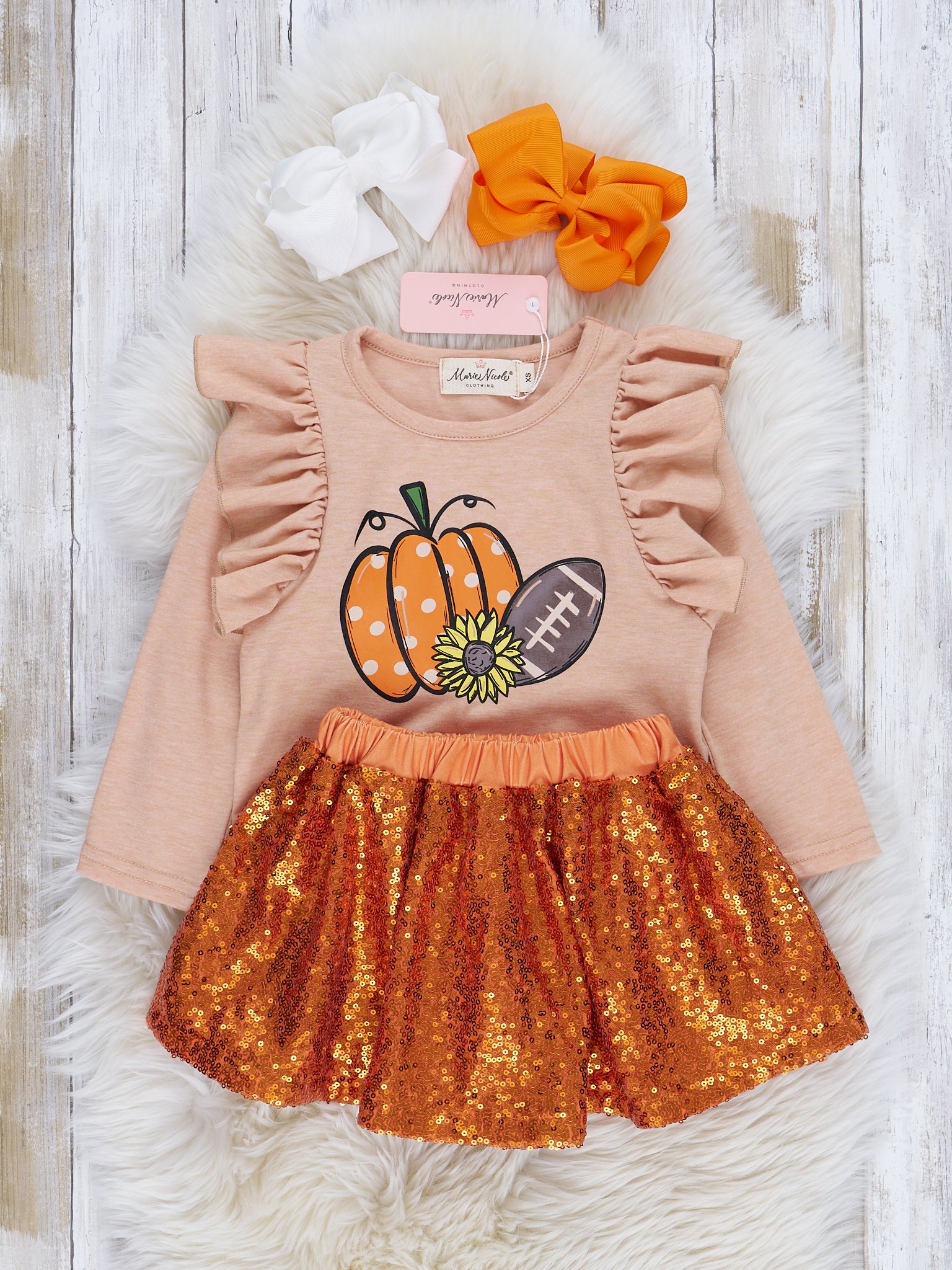 Heather Peach & Orange Sequin Skirt Ruffle Outfit - Marie Nicole Clothing