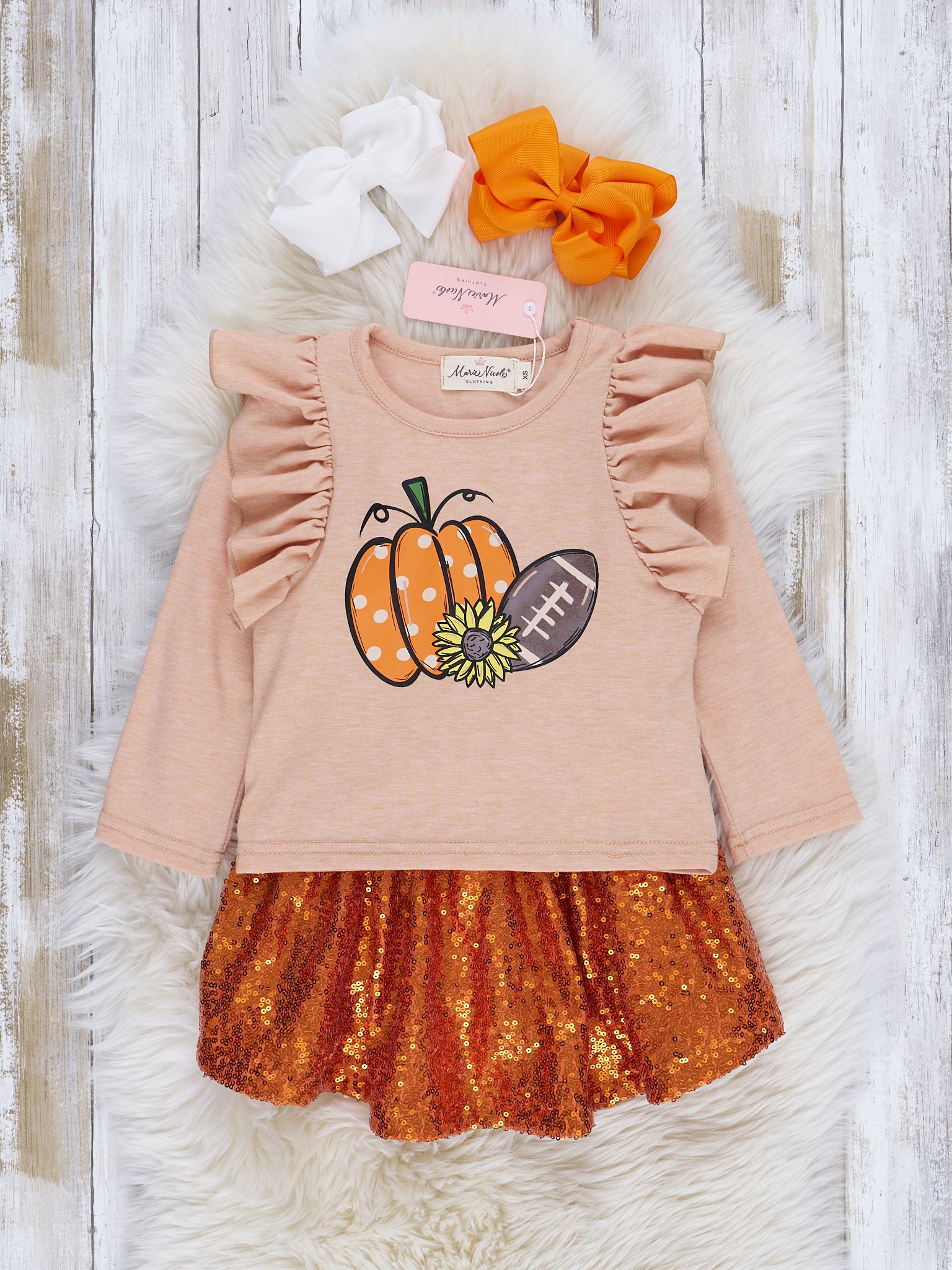 Heather Peach & Orange Sequin Skirt Ruffle Outfit - Marie Nicole Clothing