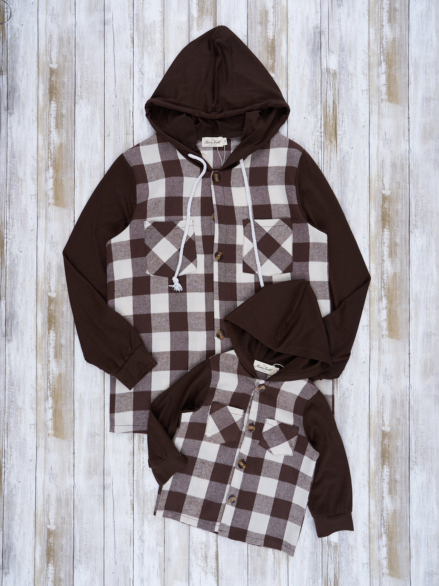 Mom & Me Hooded Brown & White Plaid Shacket - Marie Nicole Clothing