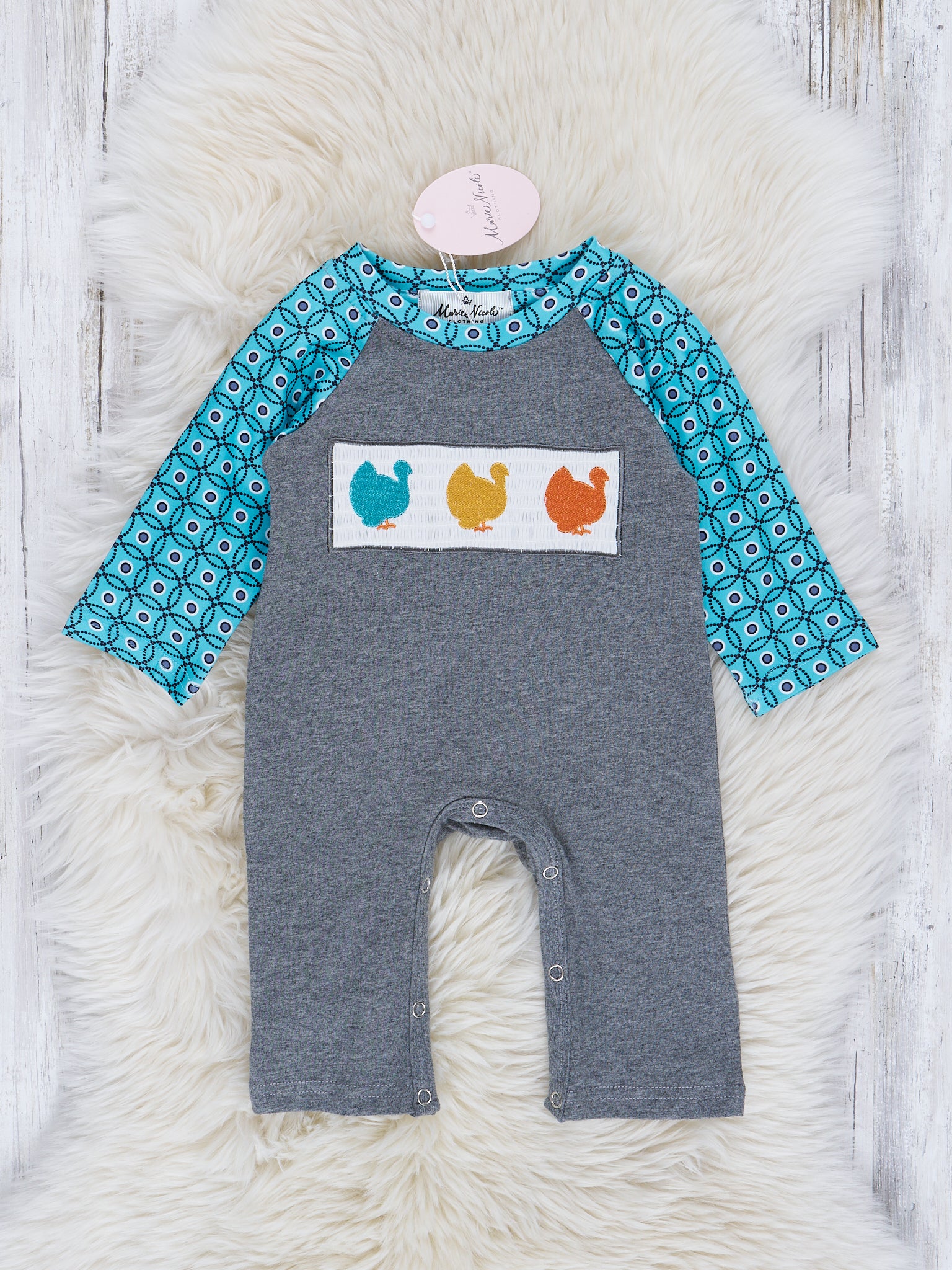 Teal Turkey Smocked Romper - Marie Nicole Clothing