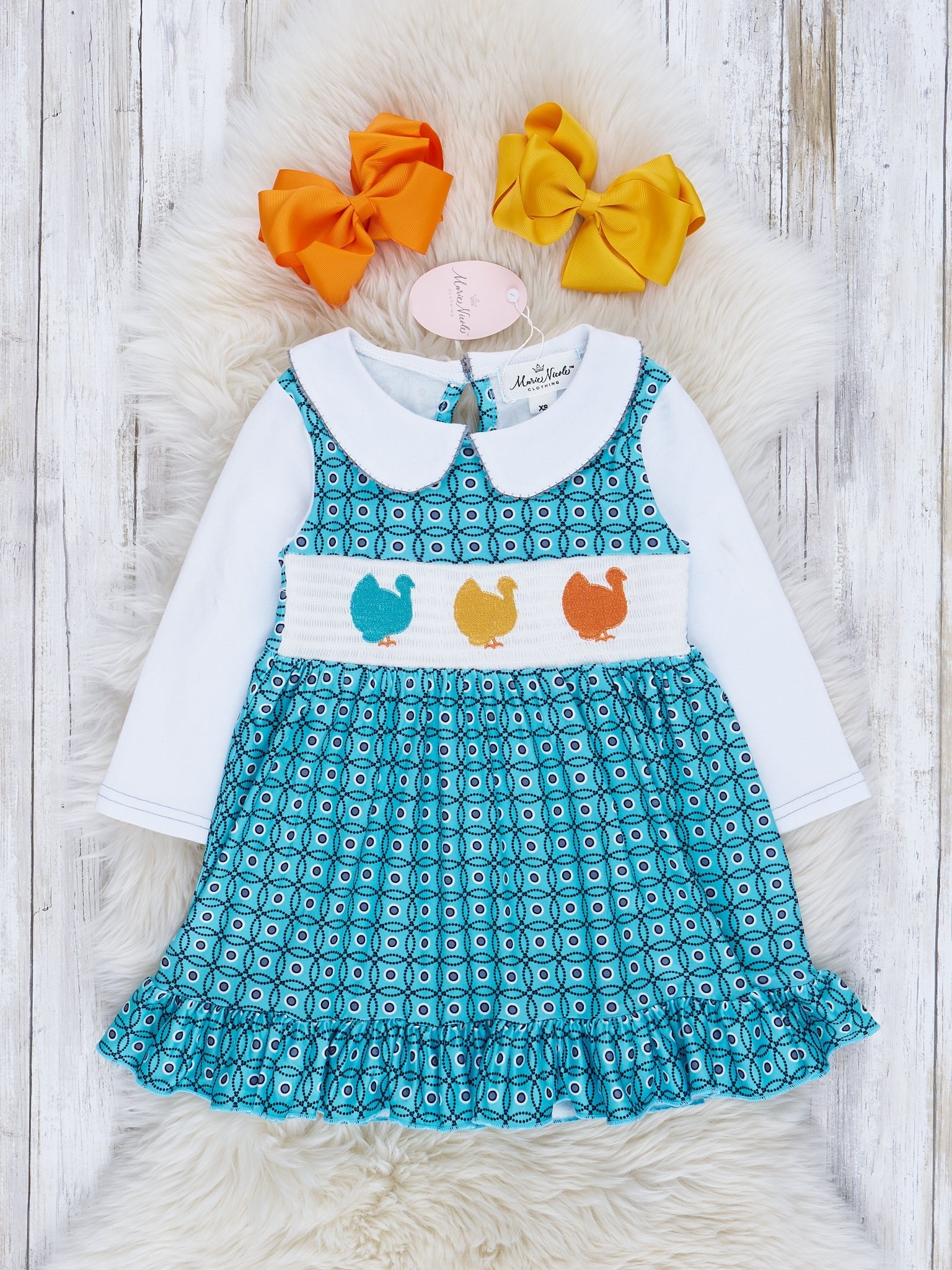 Teal Turkey Smocked Vintage Ruffle Dress - Marie Nicole Clothing