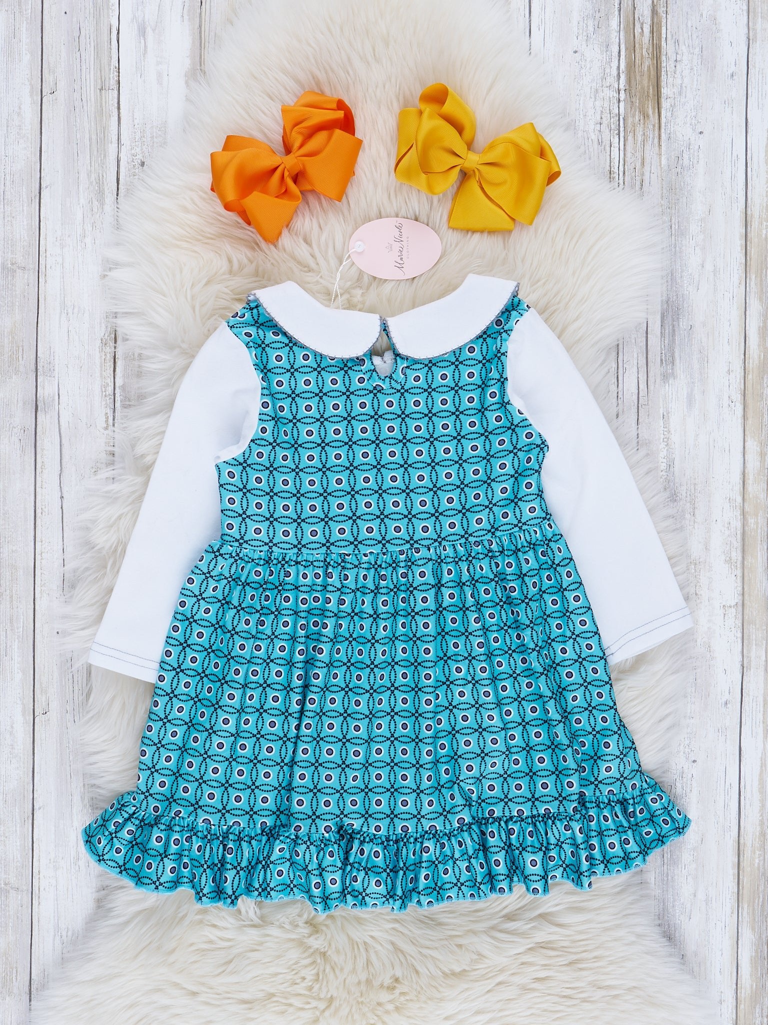 Teal Turkey Smocked Vintage Ruffle Dress - Marie Nicole Clothing