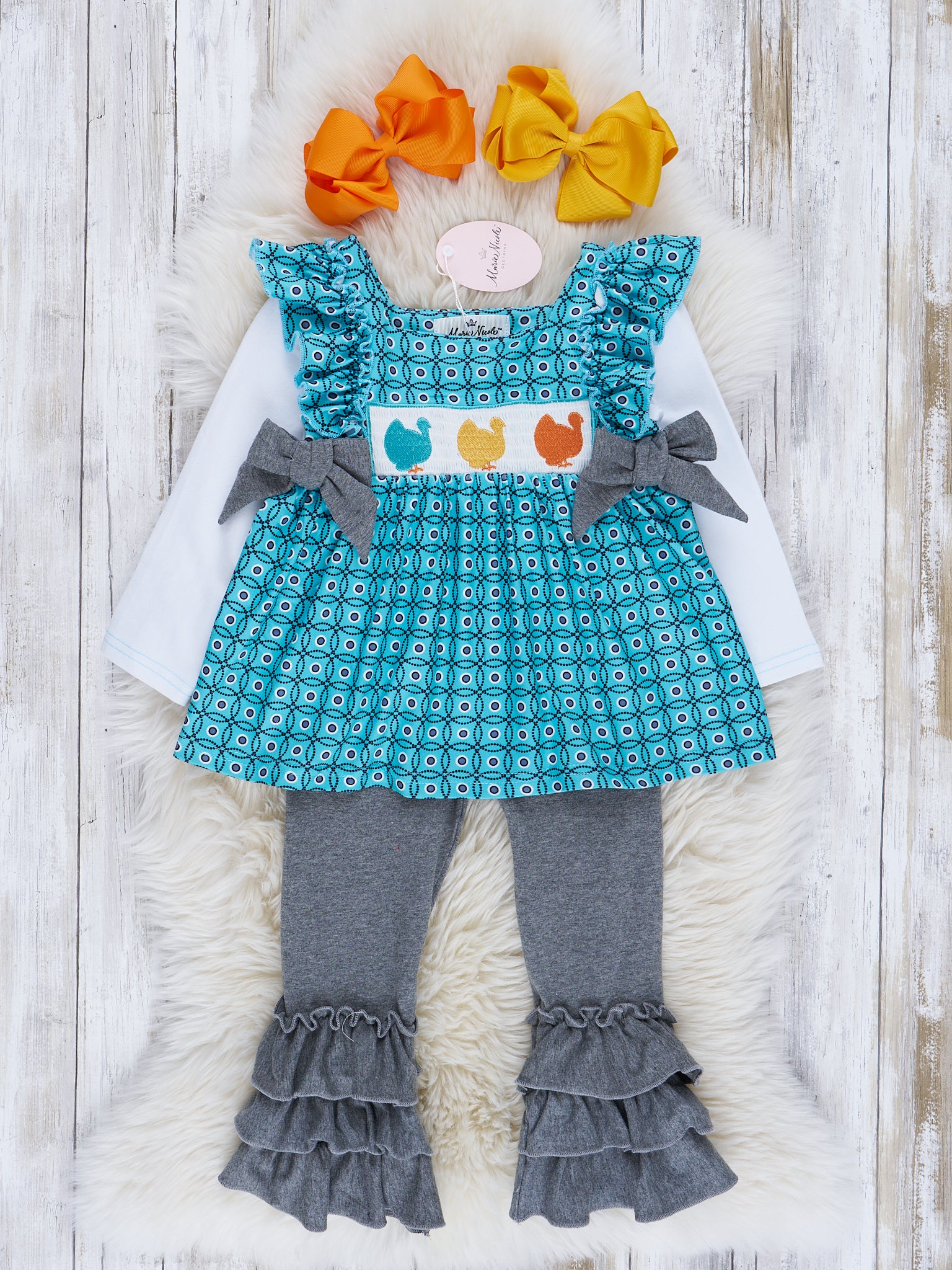 Teal Turkey Smocked Ruffle Outfit - Marie Nicole Clothing