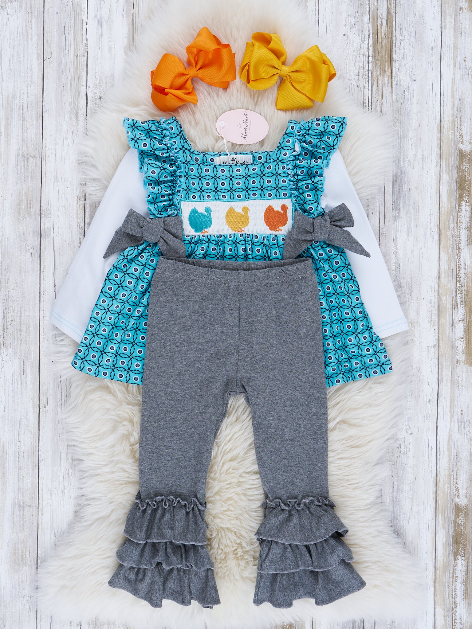 Teal Turkey Smocked Ruffle Outfit - Marie Nicole Clothing