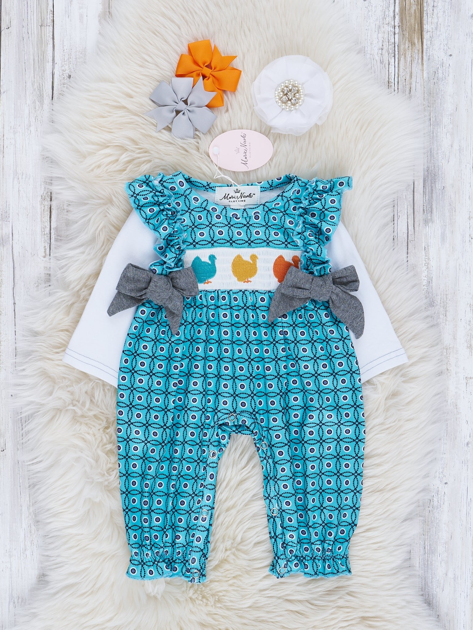 Teal Turkey Smocked Ruffle Romper - Marie Nicole Clothing