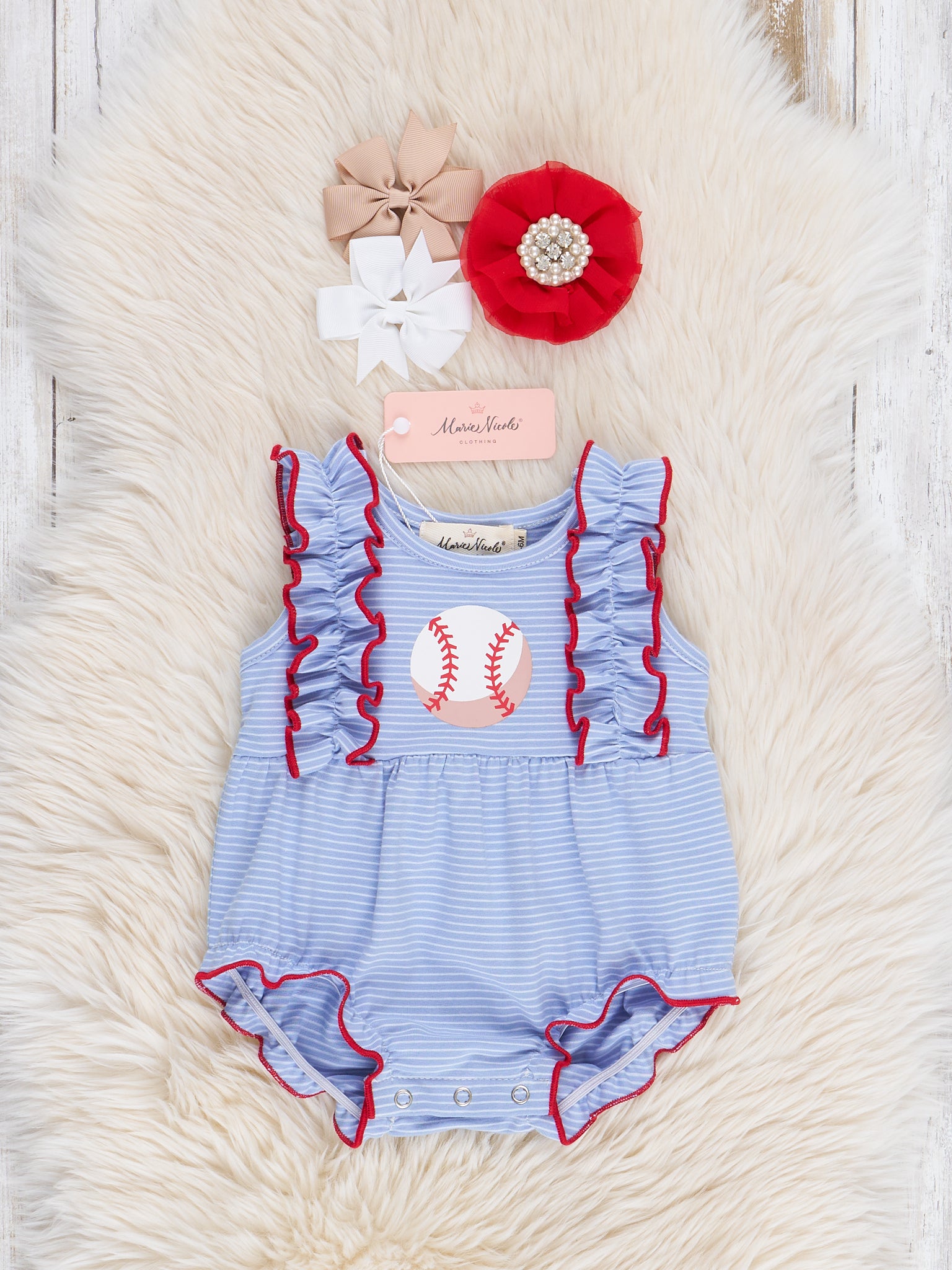 Striped Baseball Cotton Ruffle Bubble Romper - Marie Nicole Clothing