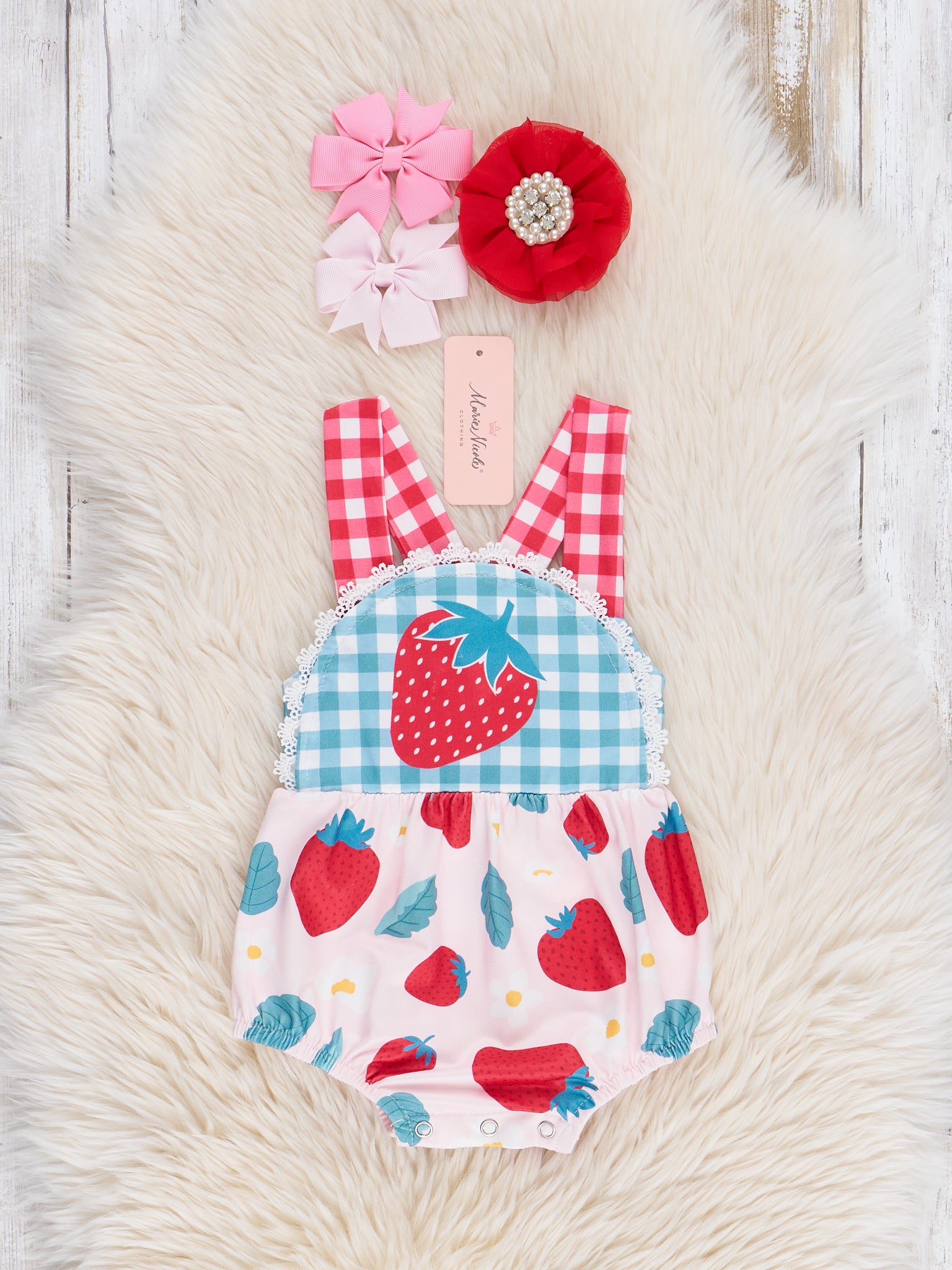 Gingham Strawberry Ruffle Bubble Romper - Marie Nicole Clothing